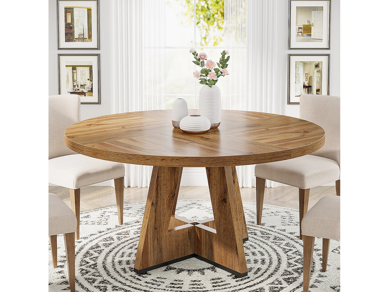 Table à manger de style campagnard, table ronde de 120 cm pour 4 personnes, table de salle à manger rustique