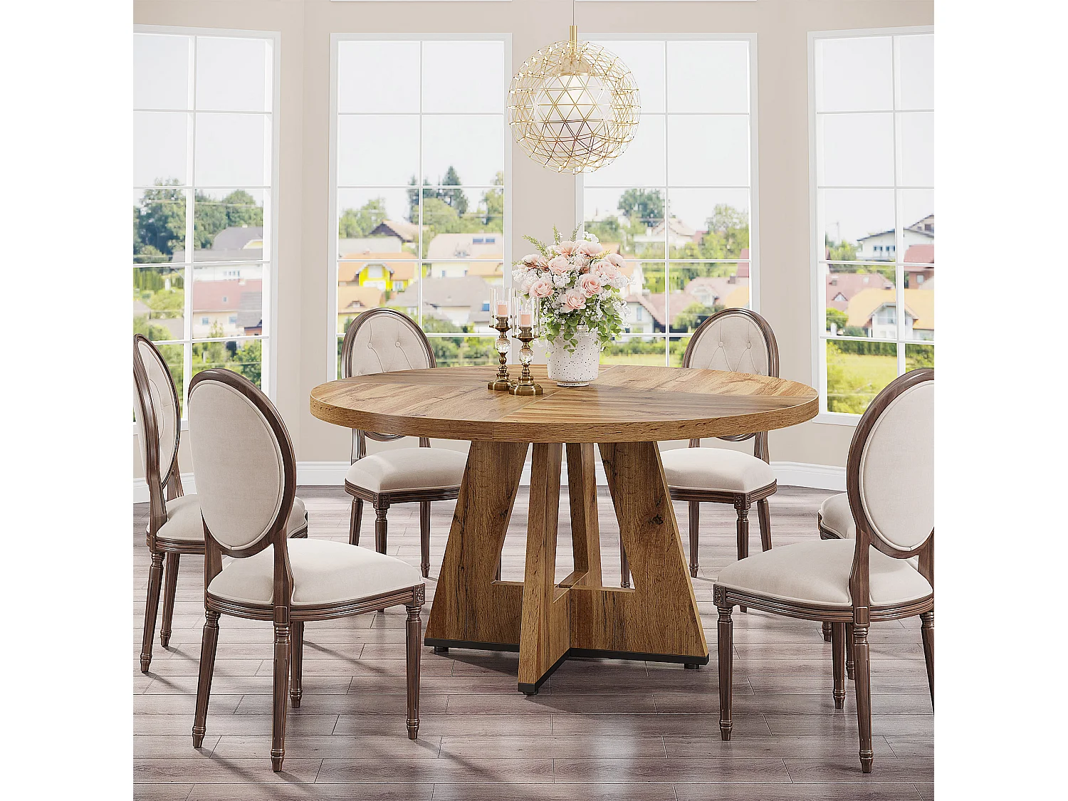 Table à manger de style campagnard, table ronde de 120 cm pour 4 personnes, table de salle à manger rustique