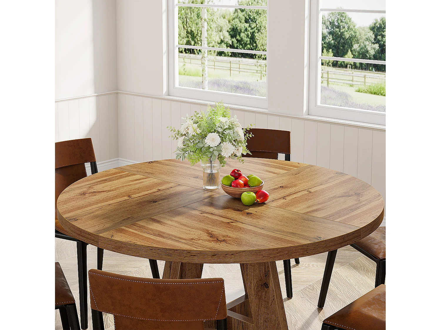 Table à manger de style campagnard, table ronde de 120 cm pour 4 personnes, table de salle à manger rustique