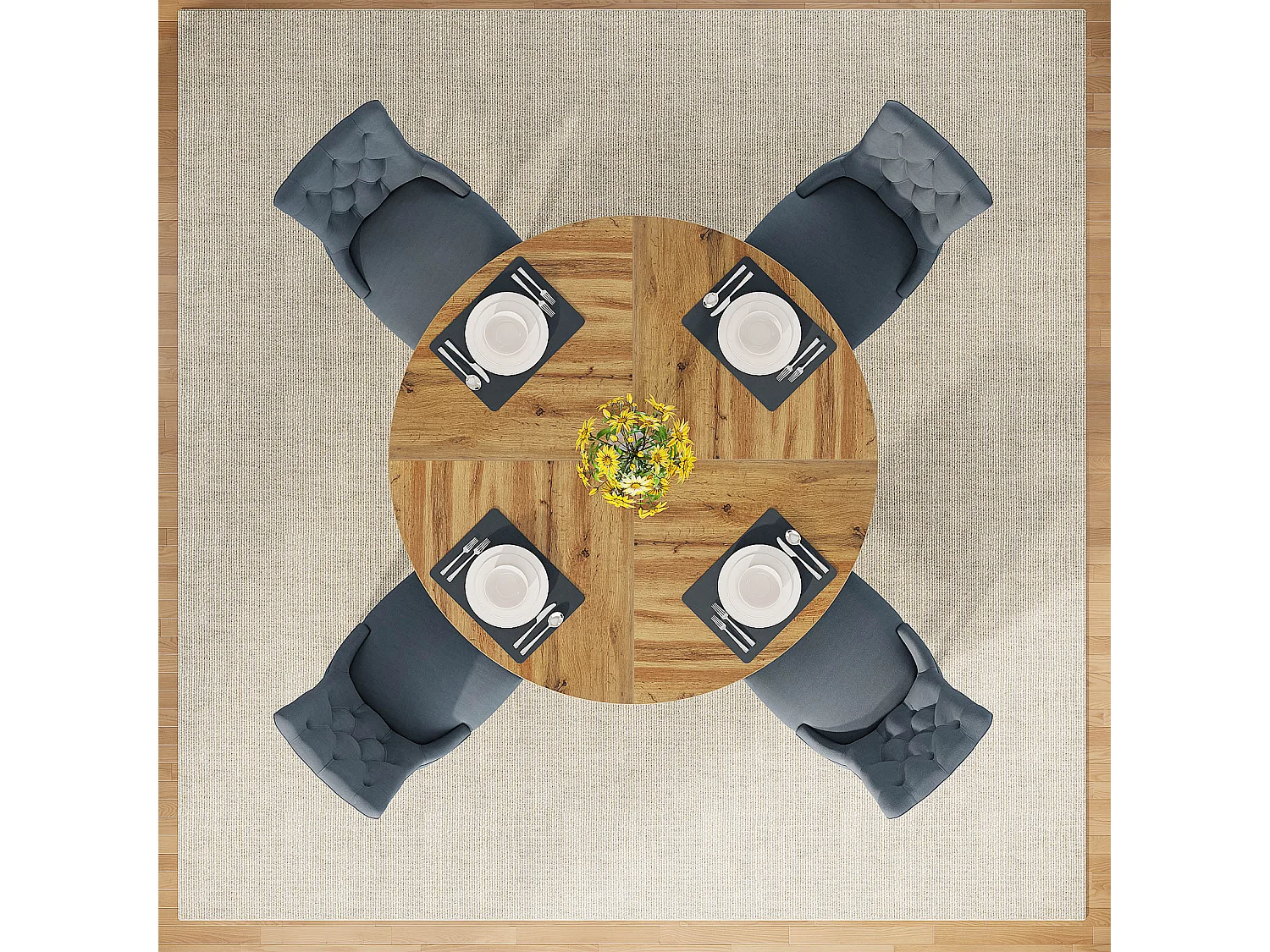 Table à manger de style campagnard, table ronde de 120 cm pour 4 personnes, table de salle à manger rustique