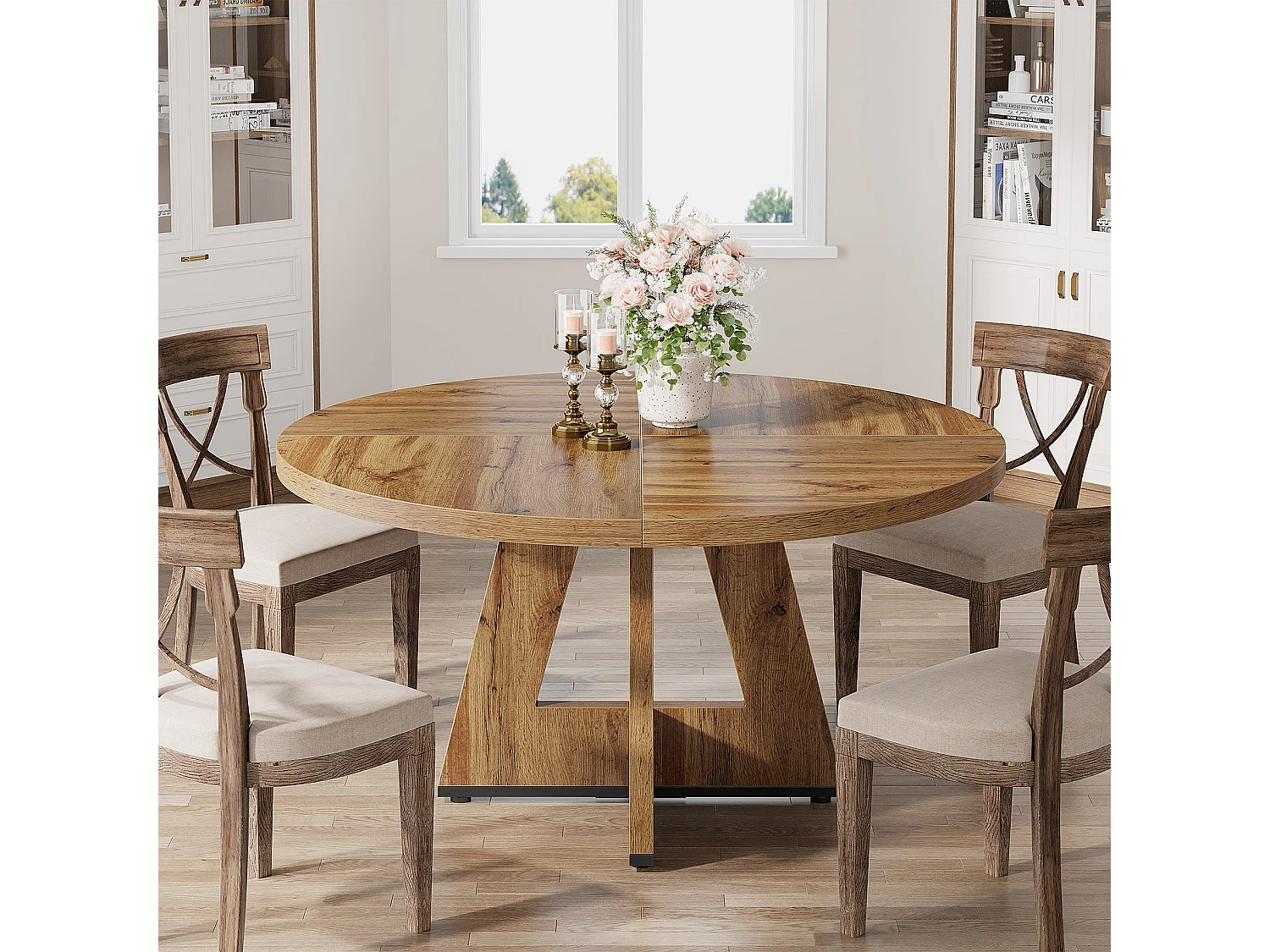 Table à manger de style campagnard, table ronde de 120 cm pour 4 personnes, table de salle à manger rustique