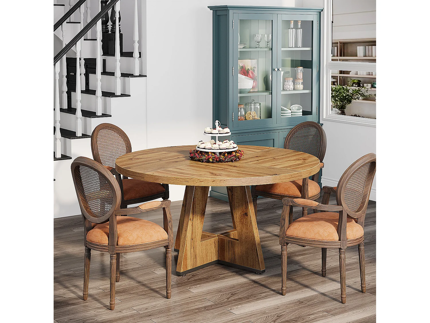 Table à manger de style campagnard, table ronde de 120 cm pour 4 personnes, table de salle à manger rustique