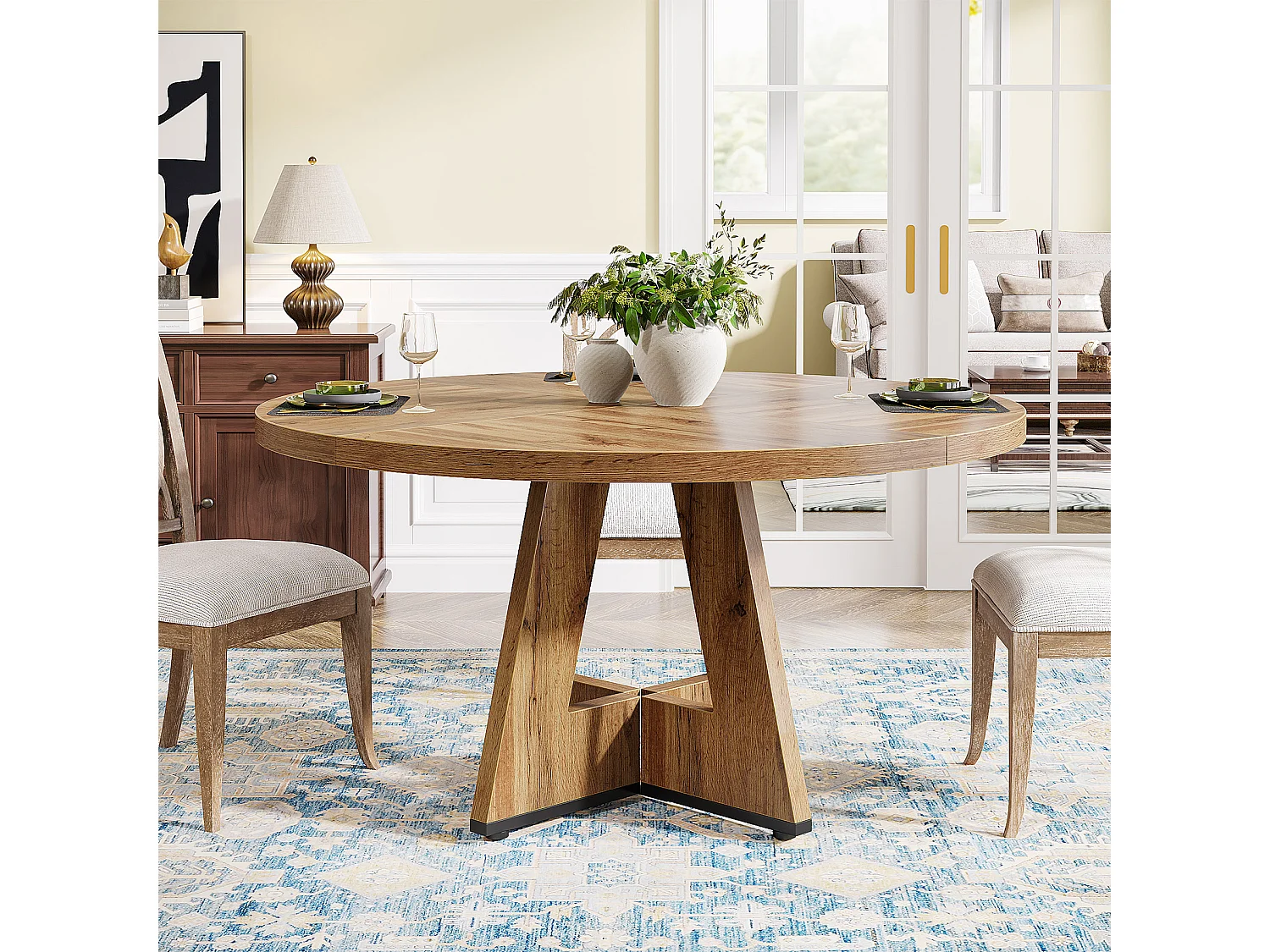 Table à manger de style campagnard, table ronde de 120 cm pour 4 personnes, table de salle à manger rustique