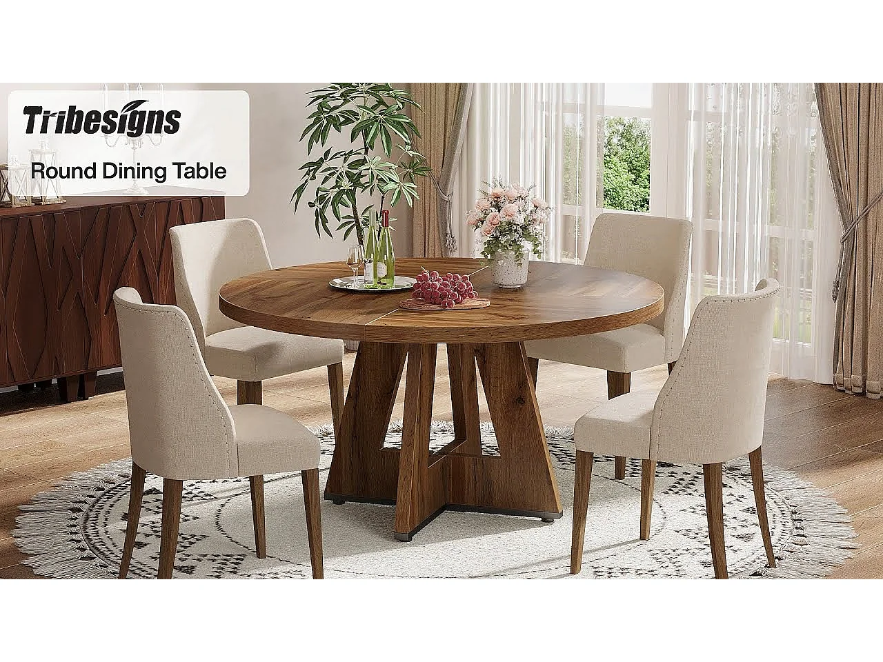 Table à manger de style campagnard, table ronde de 120 cm pour 4 personnes, table de salle à manger rustique