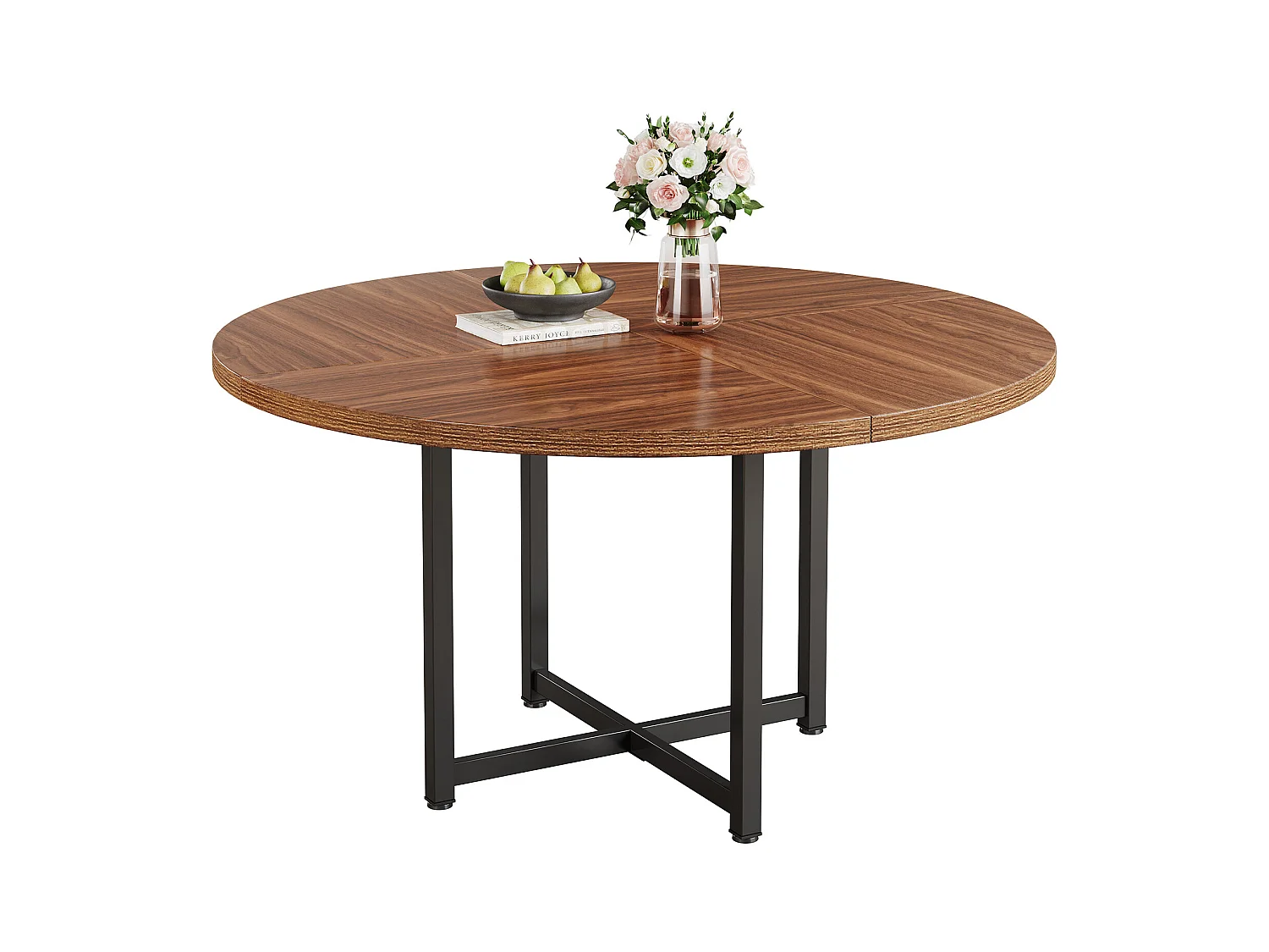 Table à manger ronde pour 4 à 6 personnes, table de cuisine ronde de 120 cm, petite table de salle à manger moderne, avec pieds croisés robustes en métal