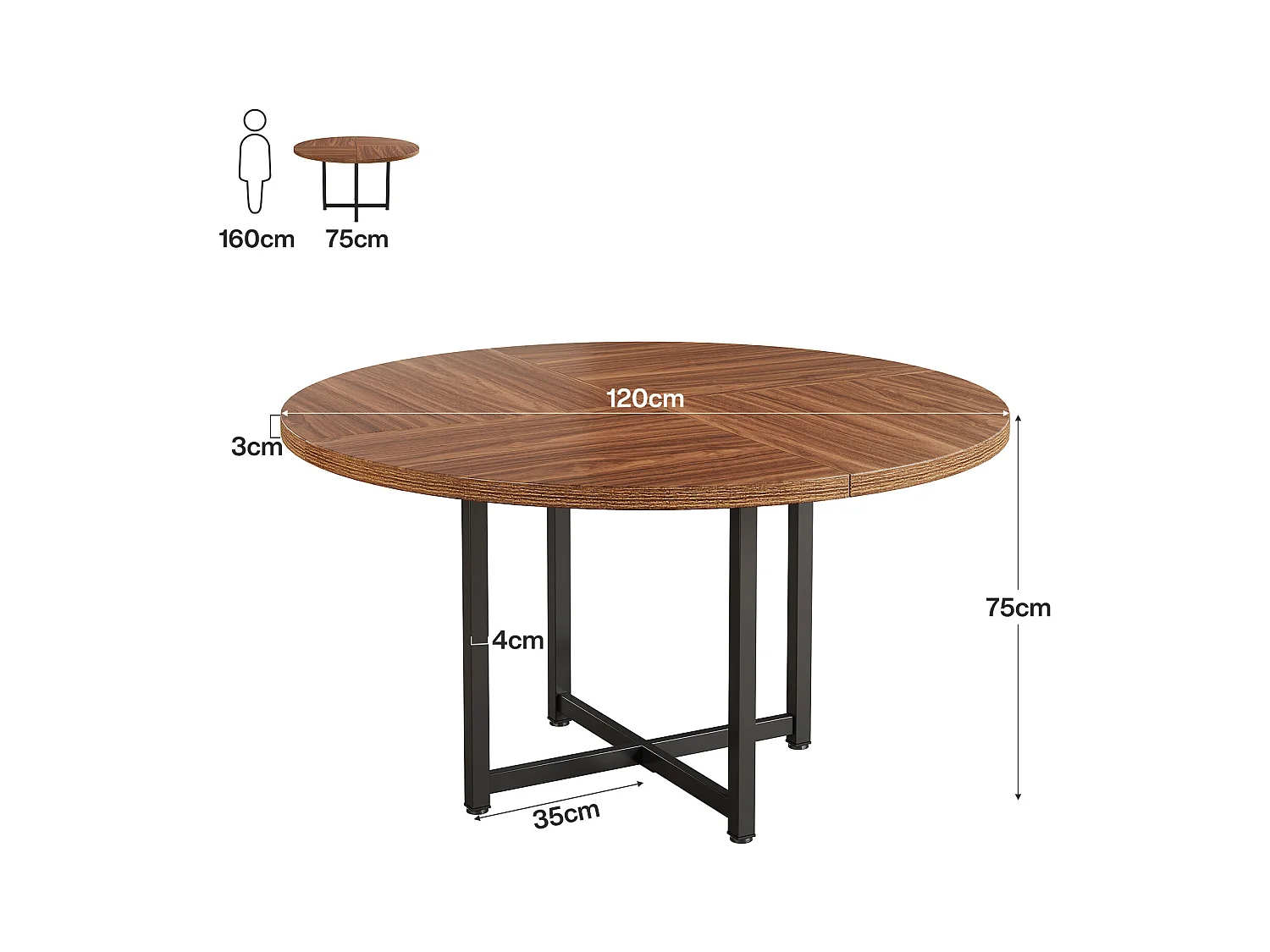 Table à manger ronde pour 4 à 6 personnes, table de cuisine ronde de 120 cm, petite table de salle à manger moderne, avec pieds croisés robustes en métal