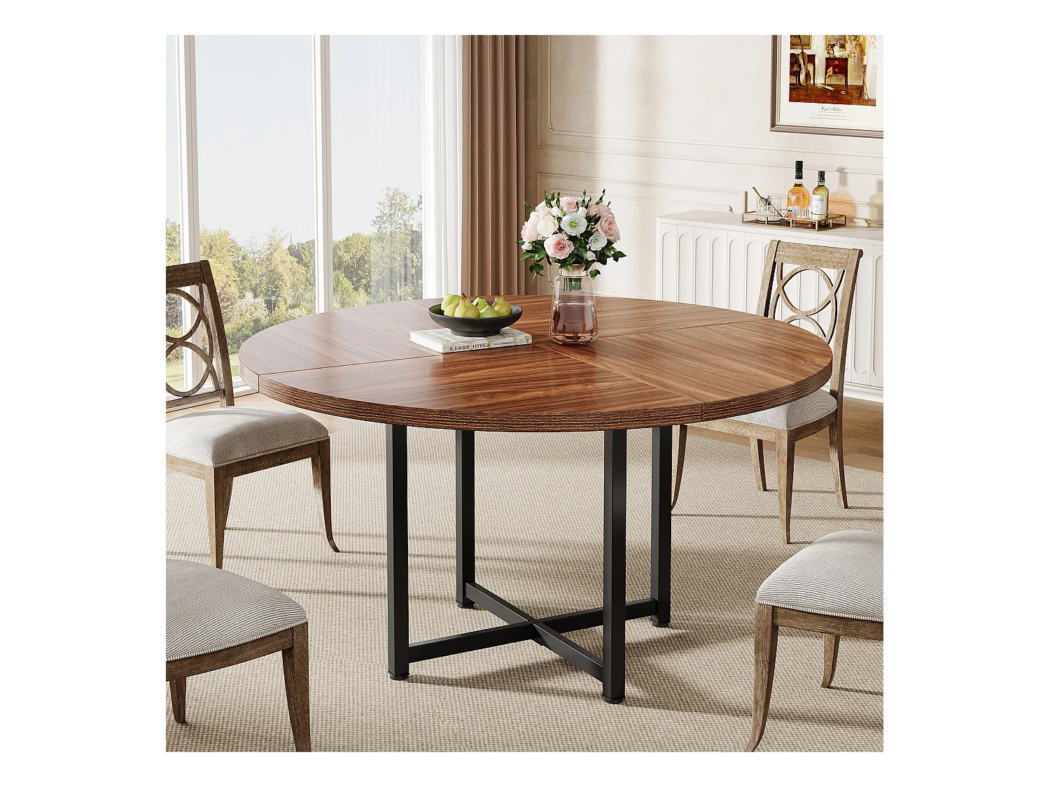 Table à manger ronde pour 4 à 6 personnes, table de cuisine ronde de 120 cm, petite table de salle à manger moderne, avec pieds croisés robustes en métal