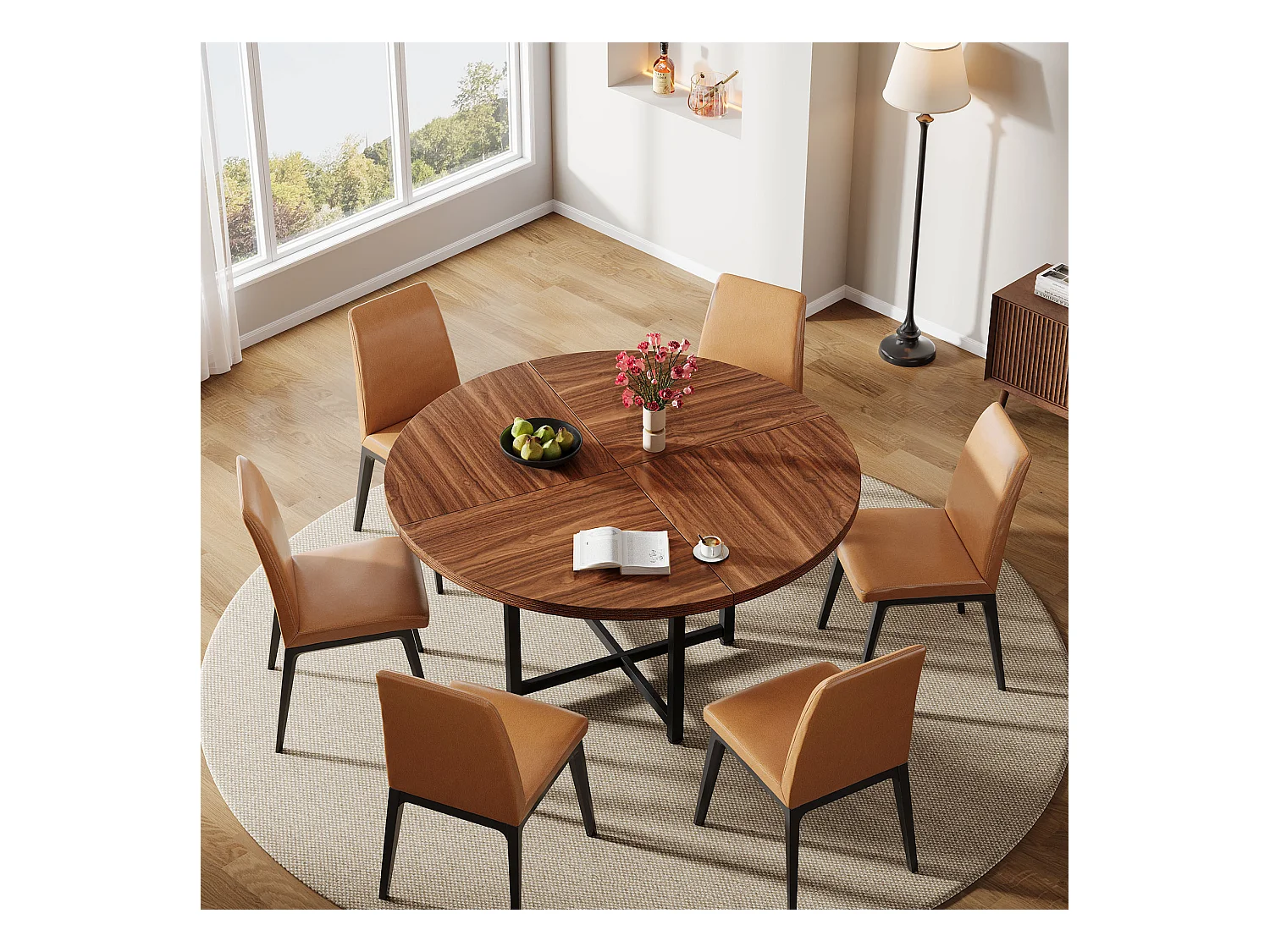 Table à manger ronde pour 4 à 6 personnes, table de cuisine ronde de 120 cm, petite table de salle à manger moderne, avec pieds croisés robustes en métal