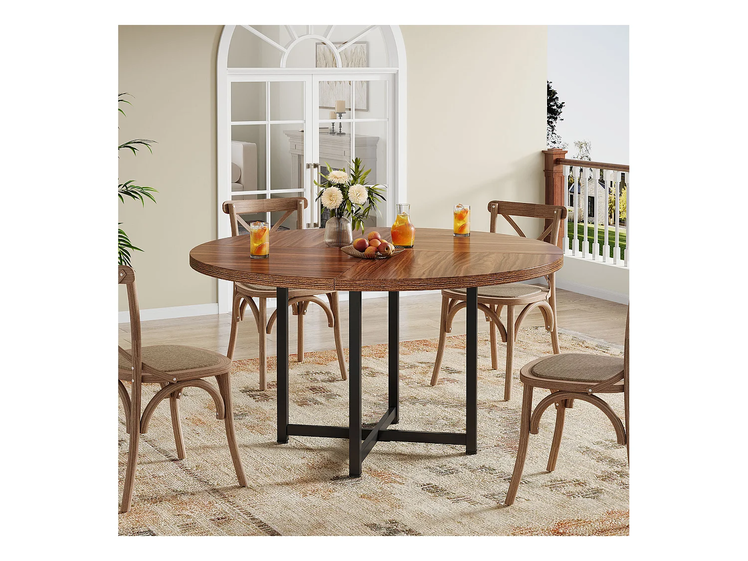 Table à manger ronde pour 4 à 6 personnes, table de cuisine ronde de 120 cm, petite table de salle à manger moderne, avec pieds croisés robustes en métal