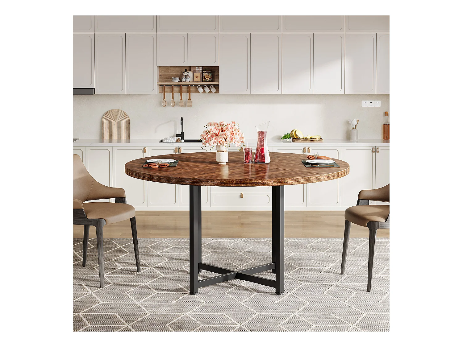 Table à manger ronde pour 4 à 6 personnes, table de cuisine ronde de 120 cm, petite table de salle à manger moderne, avec pieds croisés robustes en métal