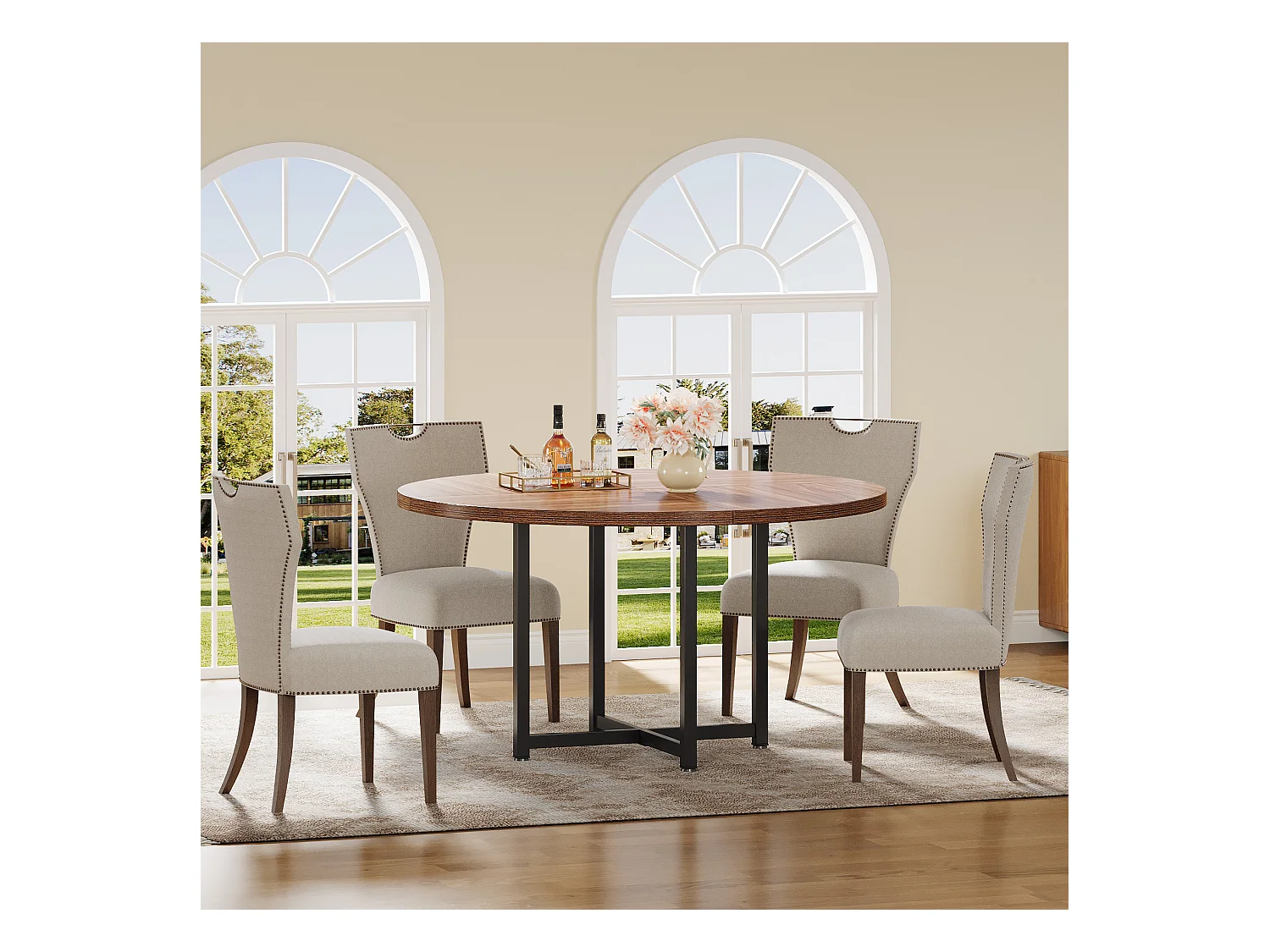 Table à manger ronde pour 4 à 6 personnes, table de cuisine ronde de 120 cm, petite table de salle à manger moderne, avec pieds croisés robustes en métal