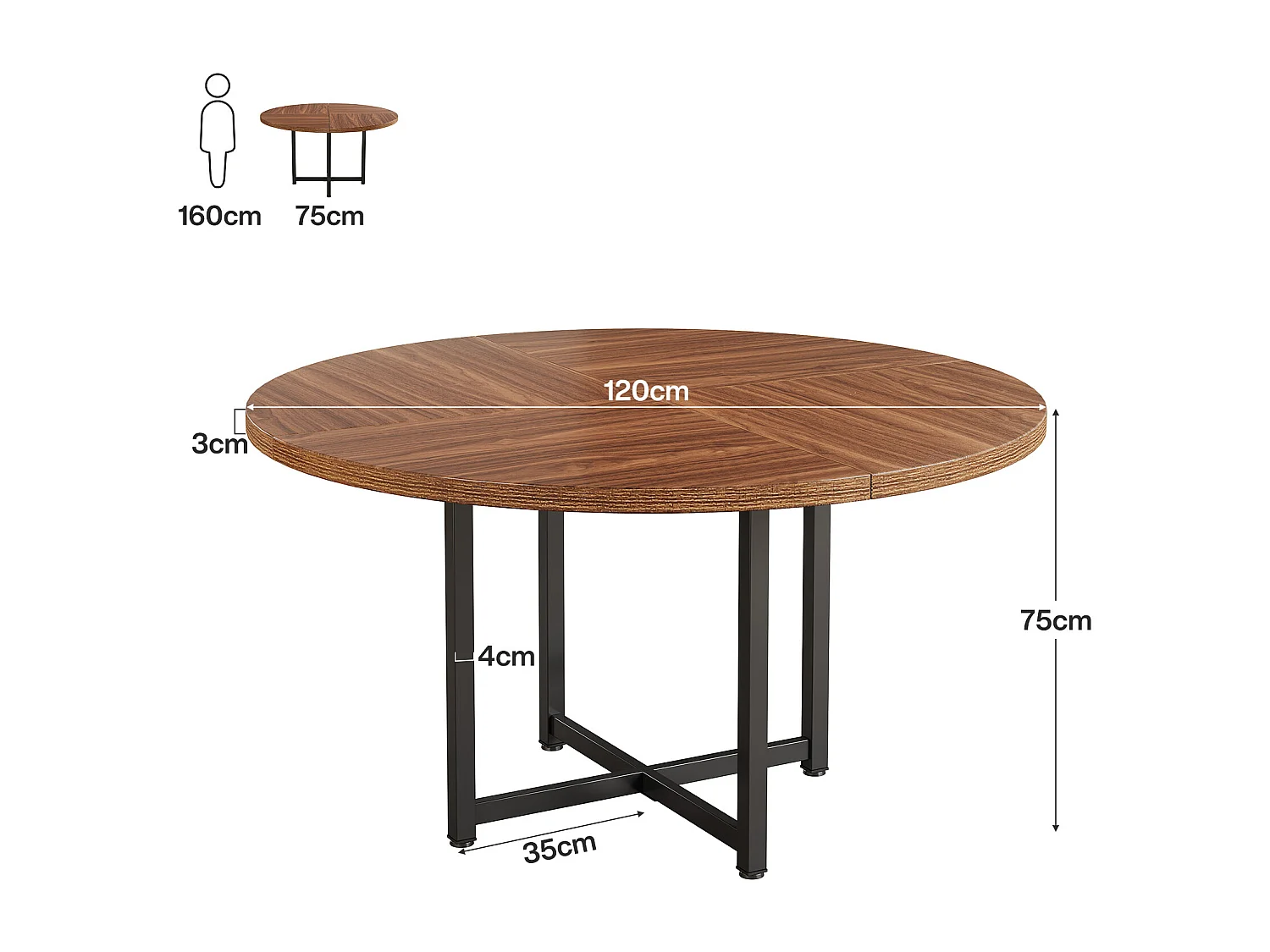 Table à manger ronde pour 4 à 6 personnes, table de cuisine ronde de 120 cm, petite table de salle à manger moderne, avec pieds croisés robustes en métal