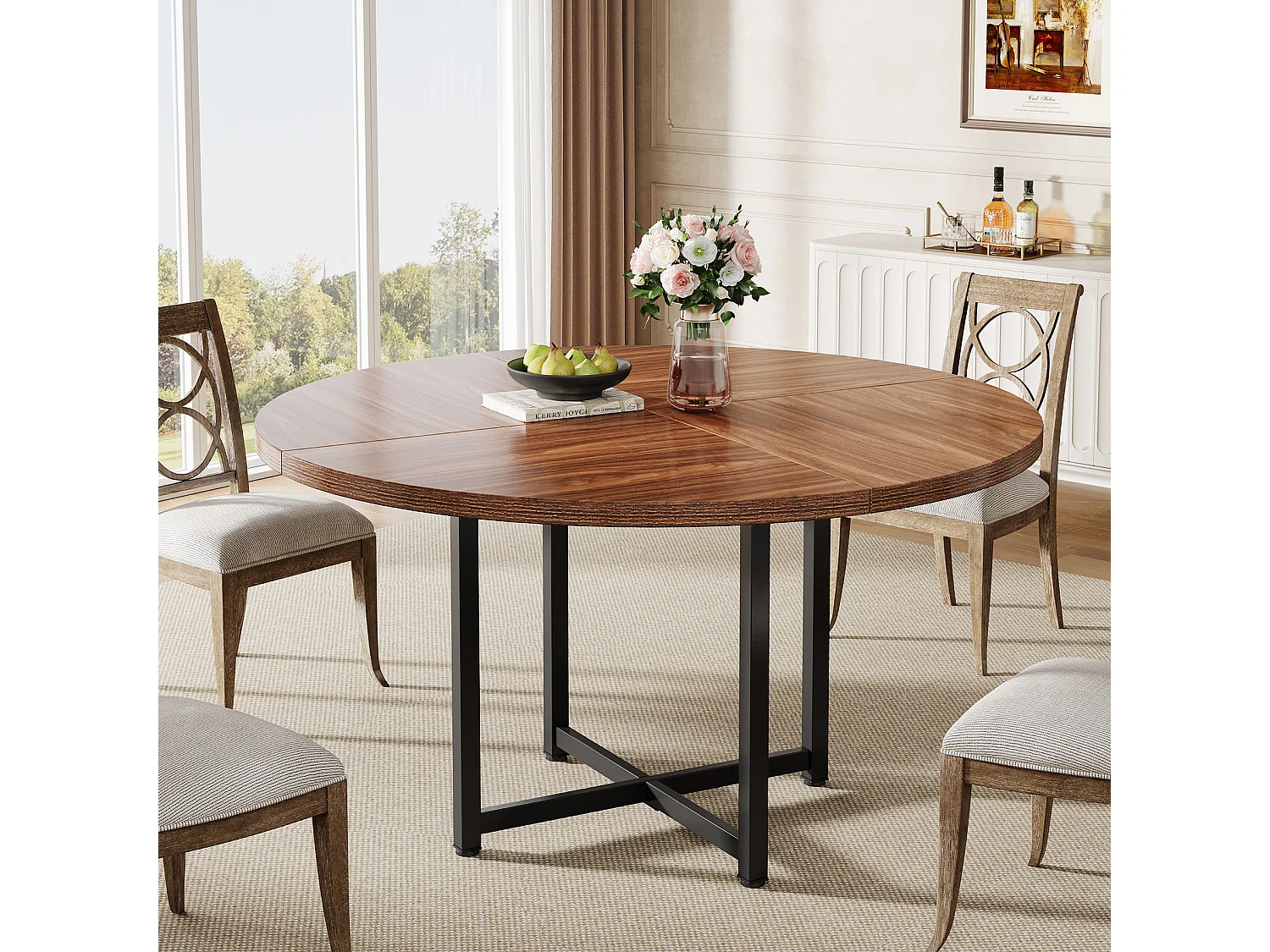 Table à manger ronde pour 4 à 6 personnes, table de cuisine ronde de 120 cm, petite table de salle à manger moderne, avec pieds croisés robustes en métal