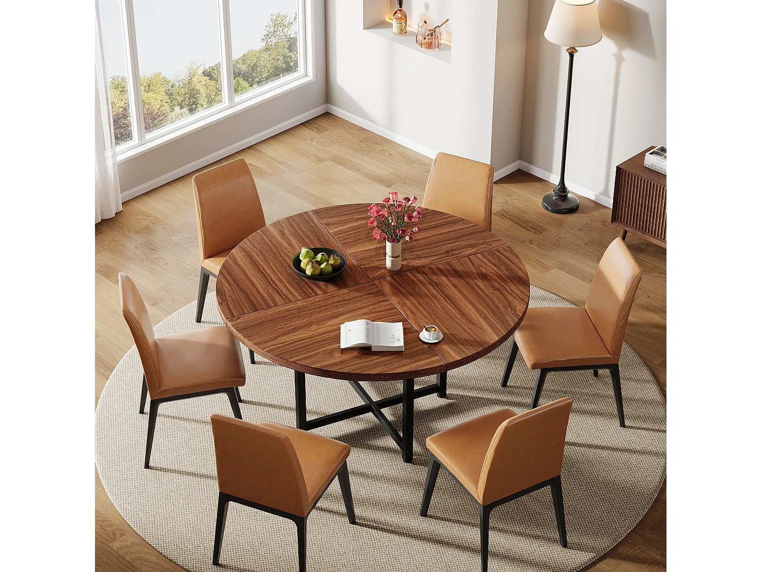 Table à manger ronde pour 4 à 6 personnes, table de cuisine ronde de 120 cm, petite table de salle à manger moderne, avec pieds croisés robustes en métal