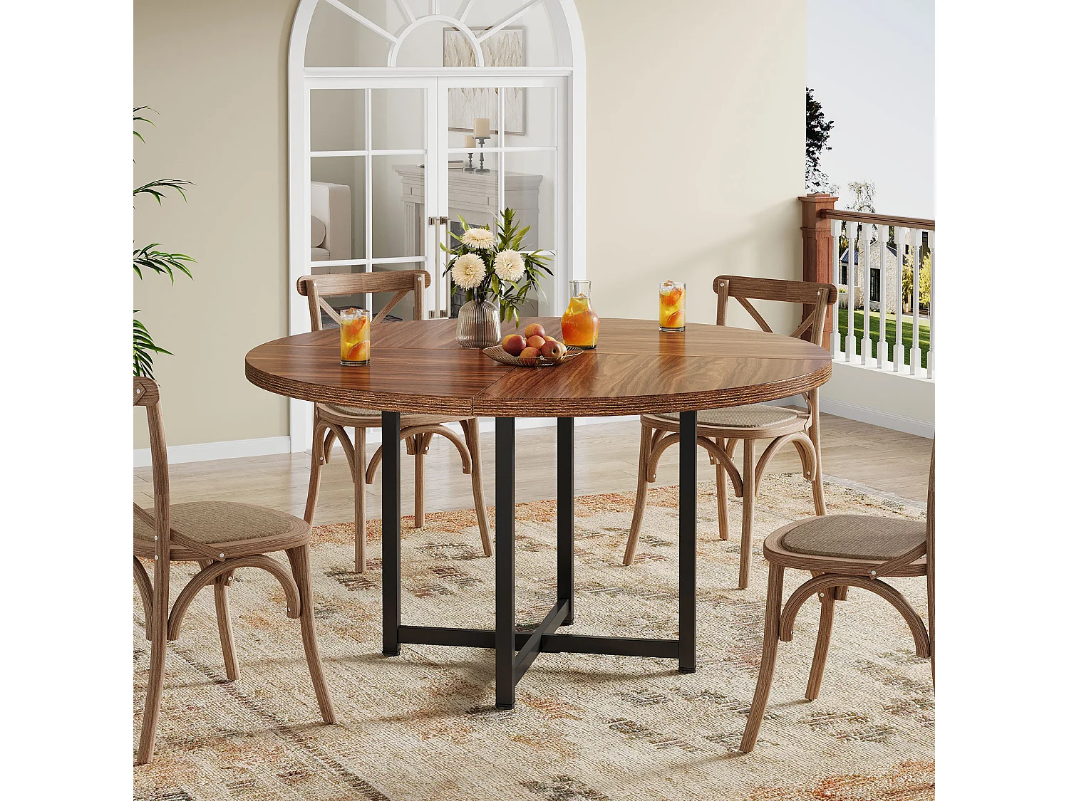 Table à manger ronde pour 4 à 6 personnes, table de cuisine ronde de 120 cm, petite table de salle à manger moderne, avec pieds croisés robustes en métal
