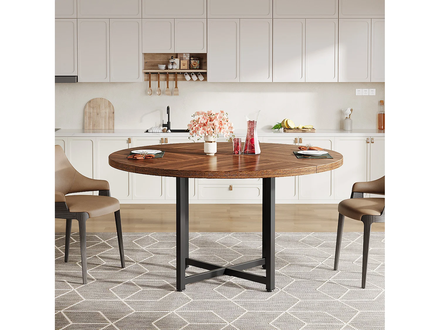 Table à manger ronde pour 4 à 6 personnes, table de cuisine ronde de 120 cm, petite table de salle à manger moderne, avec pieds croisés robustes en métal