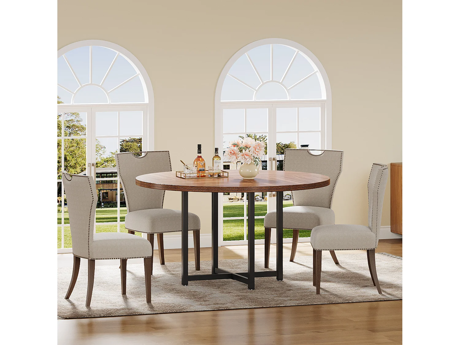 Table à manger ronde pour 4 à 6 personnes, table de cuisine ronde de 120 cm, petite table de salle à manger moderne, avec pieds croisés robustes en métal