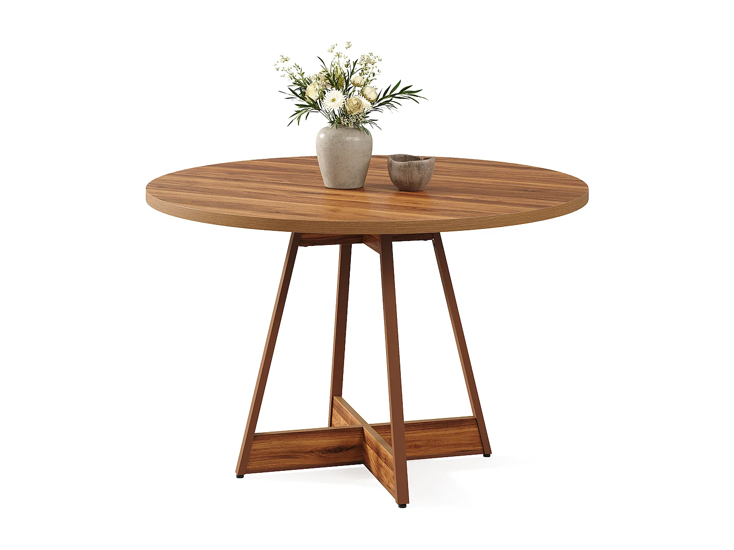 Table à manger ronde pour 2 à 4 personnes, 100 cm, style campagnard, avec piédestal robuste, marron