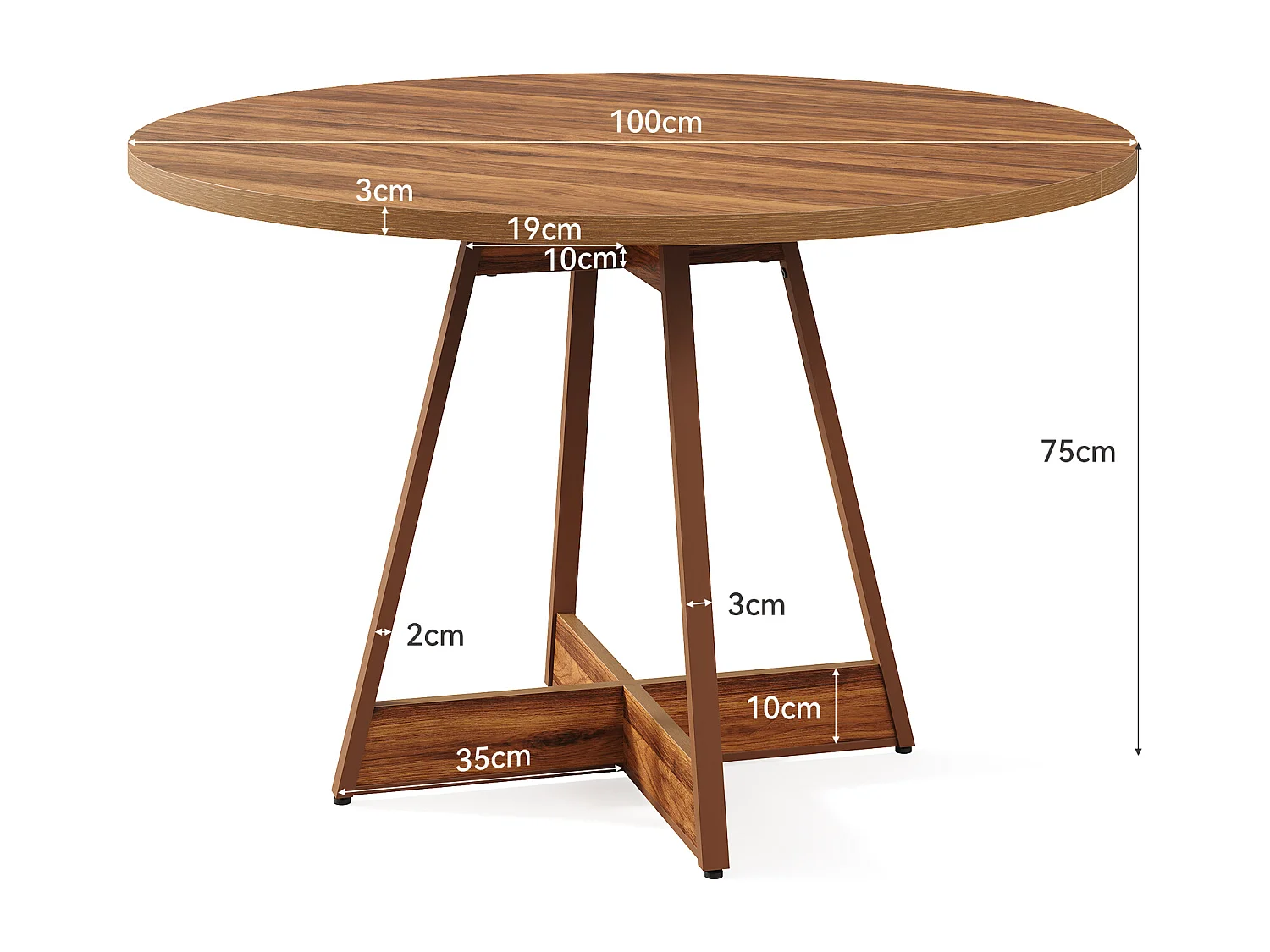 Table à manger ronde pour 2 à 4 personnes, 100 cm, style campagnard, avec piédestal robuste, marron