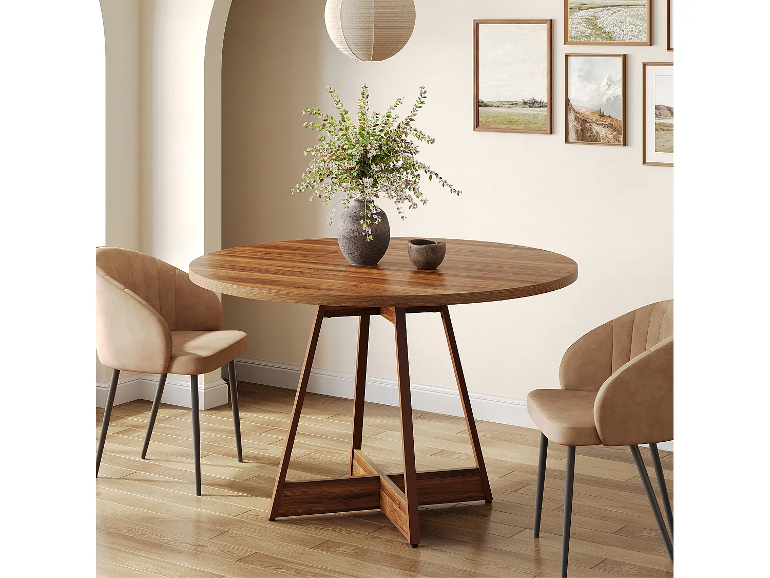 Table à manger ronde pour 2 à 4 personnes, 100 cm, style campagnard, avec piédestal robuste, marron