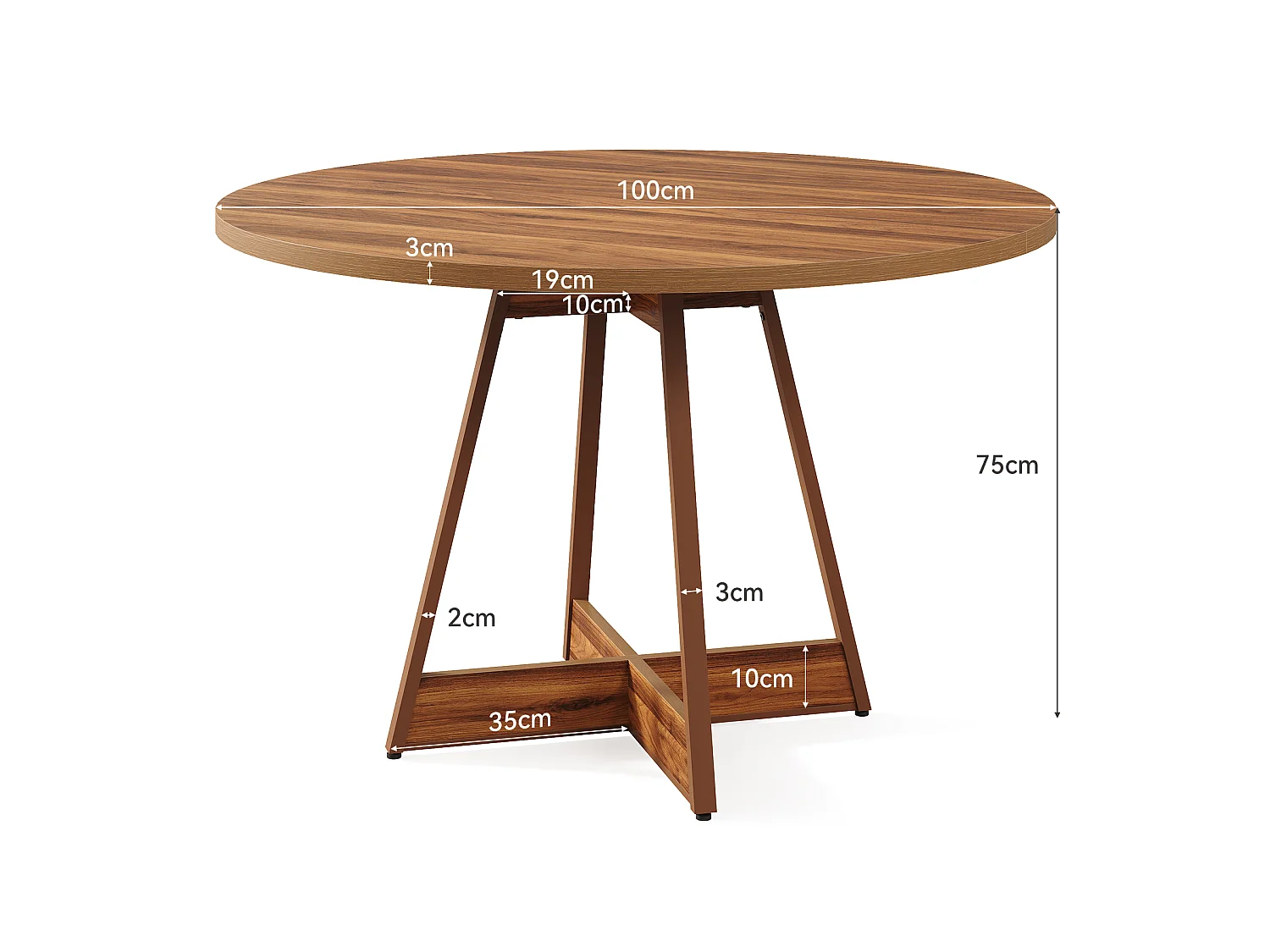 Runt matbord för 2-4 personer, 100 cm lantligt köksbord för matsalen, matbord med kraftig piedestal, brunt