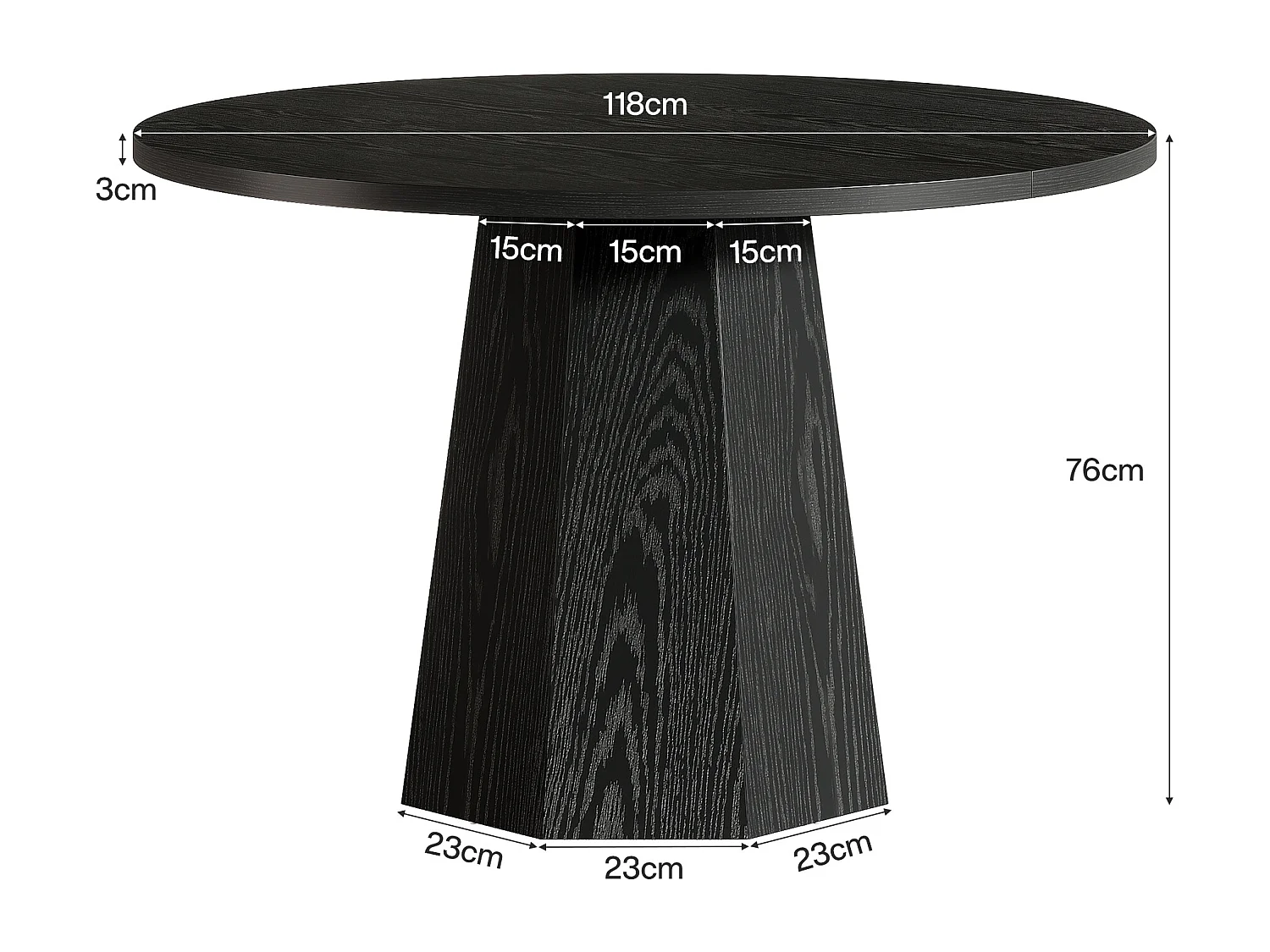 Table à manger ronde noire, petite table de cuisine circulaire de 118 cm avec piédestal incliné robuste, meuble de salle à manger moderne