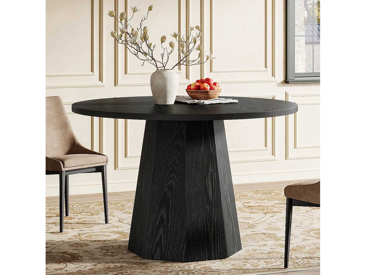 Table à manger ronde noire, petite table de cuisine circulaire de 118 cm avec piédestal incliné robuste, meuble de salle à manger moderne