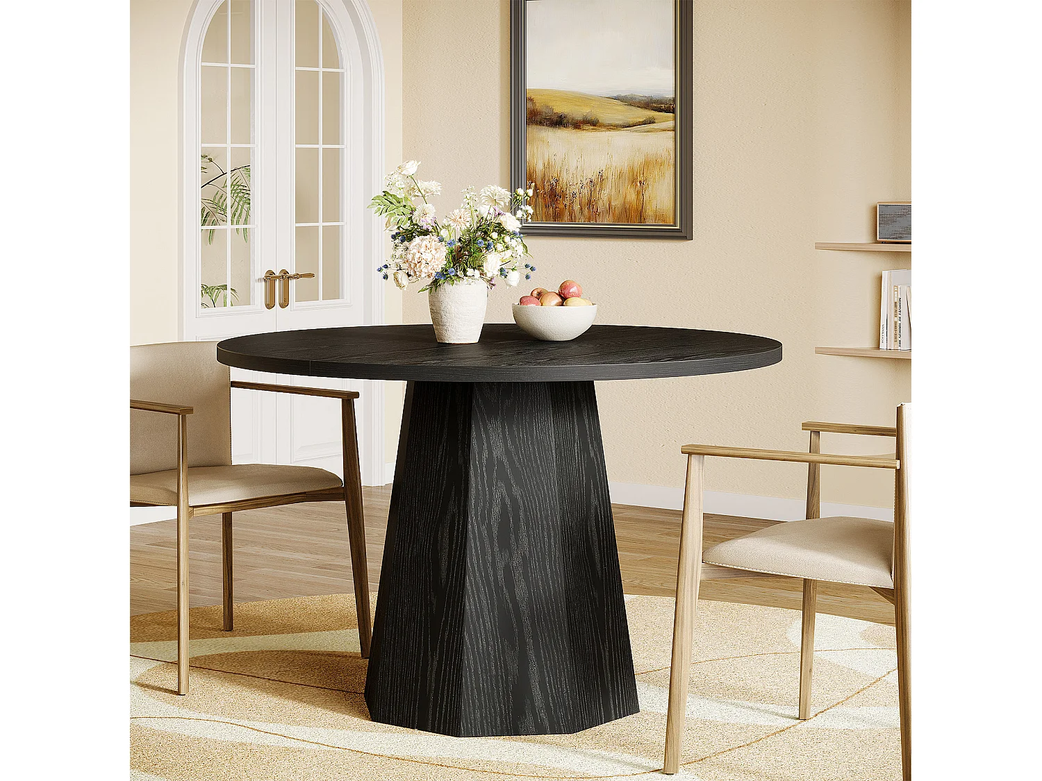 Table à manger ronde noire, petite table de cuisine circulaire de 118 cm avec piédestal incliné robuste, meuble de salle à manger moderne