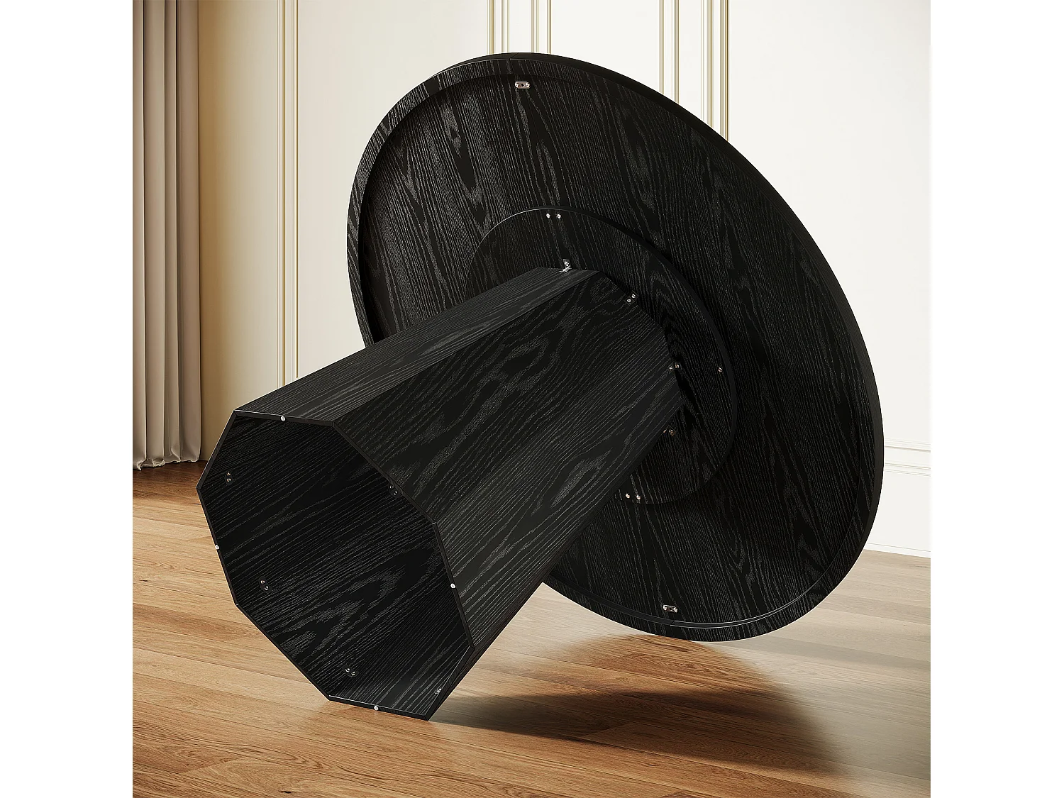 Table à manger ronde noire, petite table de cuisine circulaire de 118 cm avec piédestal incliné robuste, meuble de salle à manger moderne