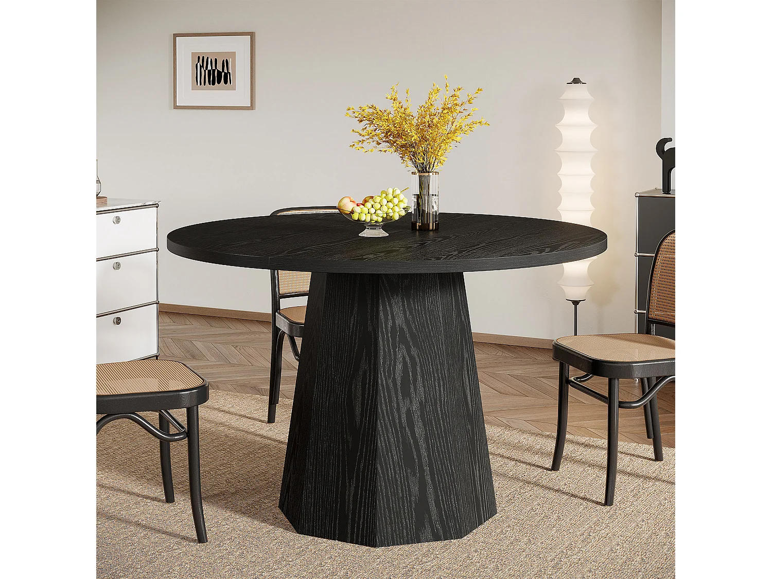 Table à manger ronde noire, petite table de cuisine circulaire de 118 cm avec piédestal incliné robuste, meuble de salle à manger moderne