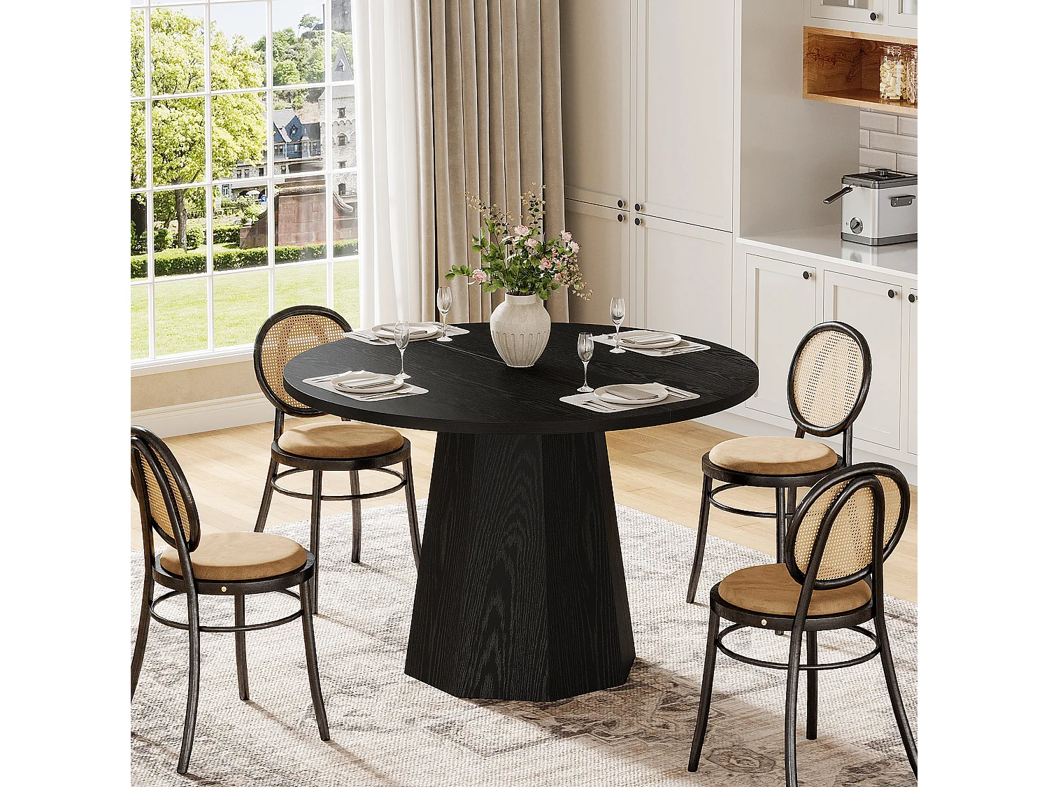 Table à manger ronde noire, petite table de cuisine circulaire de 118 cm avec piédestal incliné robuste, meuble de salle à manger moderne