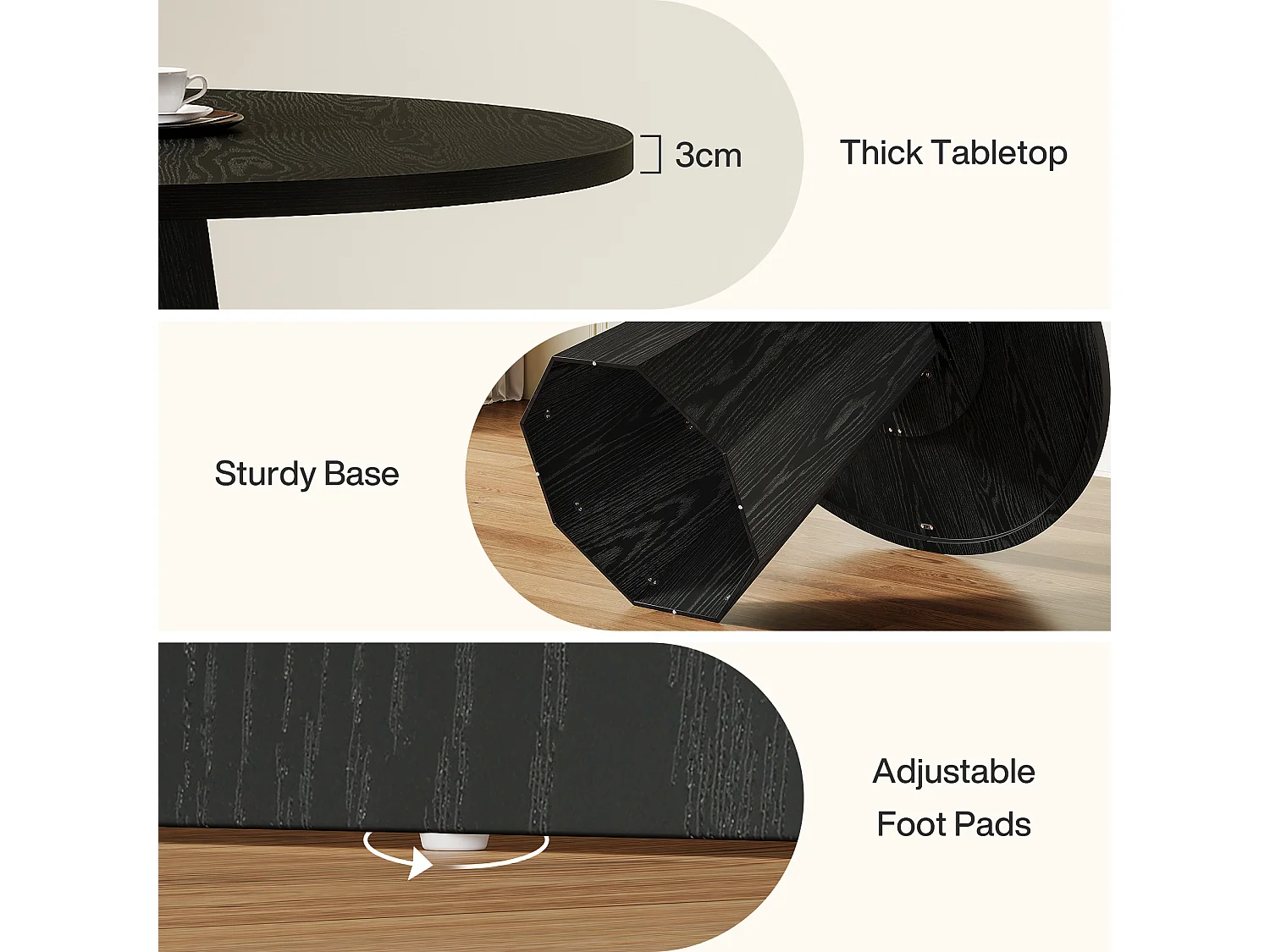Table à manger ronde noire, petite table de cuisine circulaire de 118 cm avec piédestal incliné robuste, meuble de salle à manger moderne
