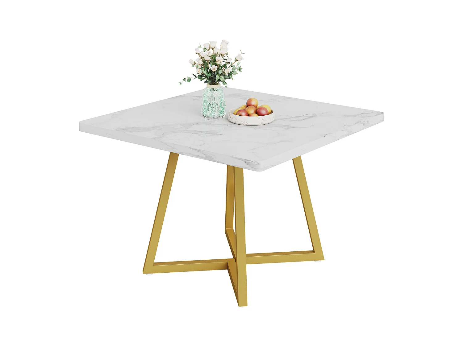 Eettafel voor 4 personen, moderne stijl, stevig metalen frame, 80 x 80 x 75 cm keukentafel voor eetkamer (wit & goud)