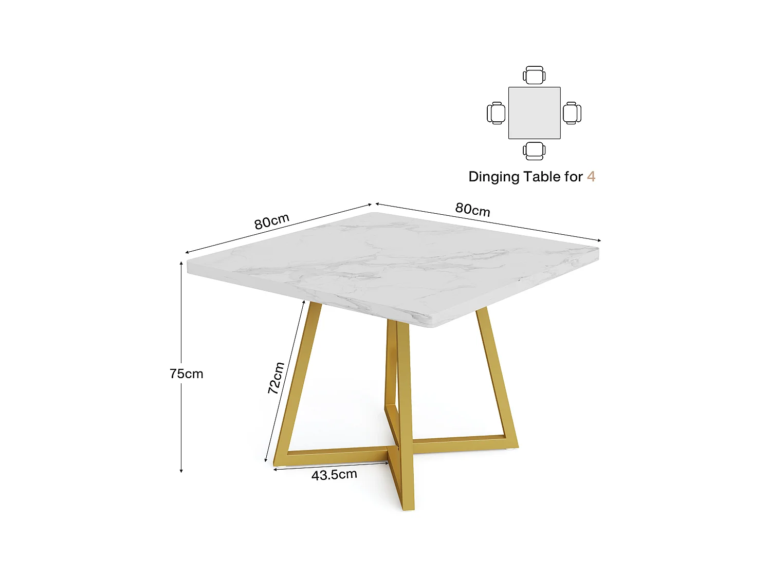 Eettafel voor 4 personen, moderne stijl, stevig metalen frame, 80 x 80 x 75 cm keukentafel voor eetkamer (wit & goud)