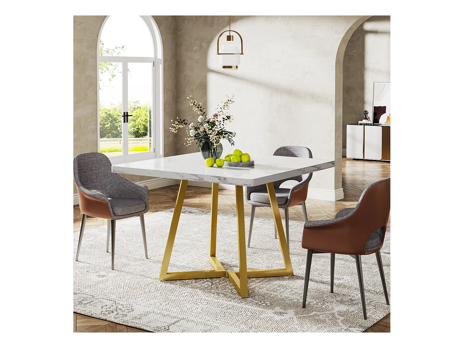 Eettafel voor 4 personen, moderne stijl, stevig metalen frame, 80 x 80 x 75 cm keukentafel voor eetkamer (wit & goud)