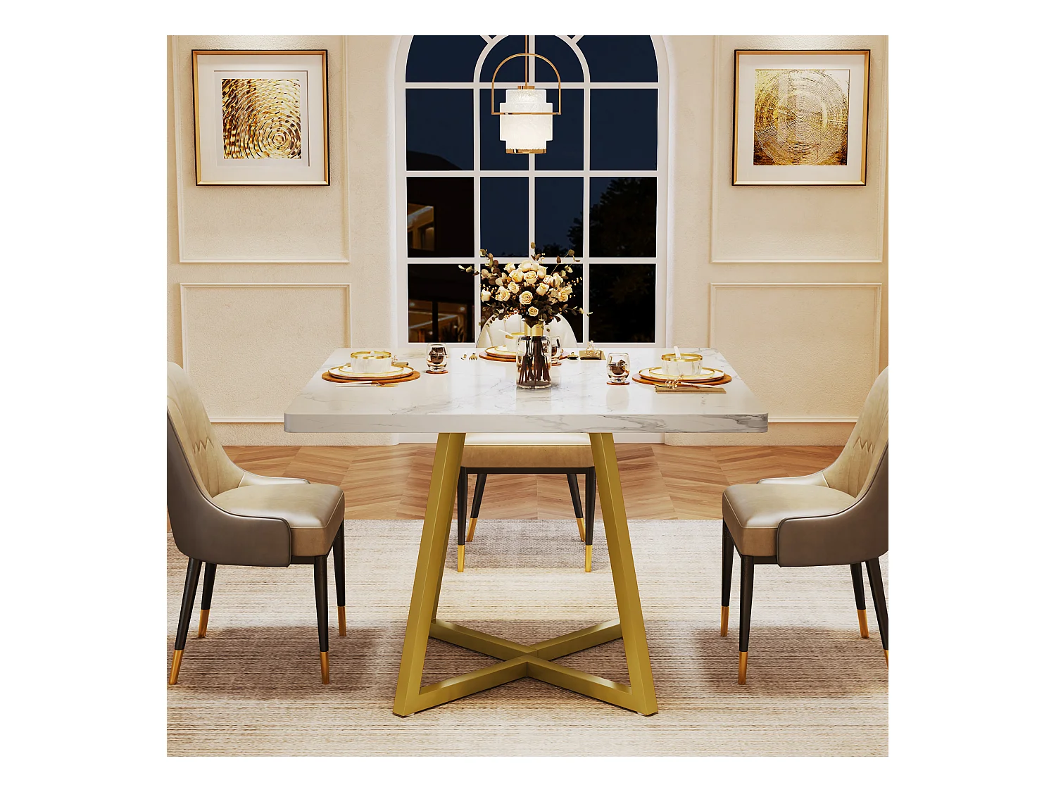 Eettafel voor 4 personen, moderne stijl, stevig metalen frame, 80 x 80 x 75 cm keukentafel voor eetkamer (wit & goud)