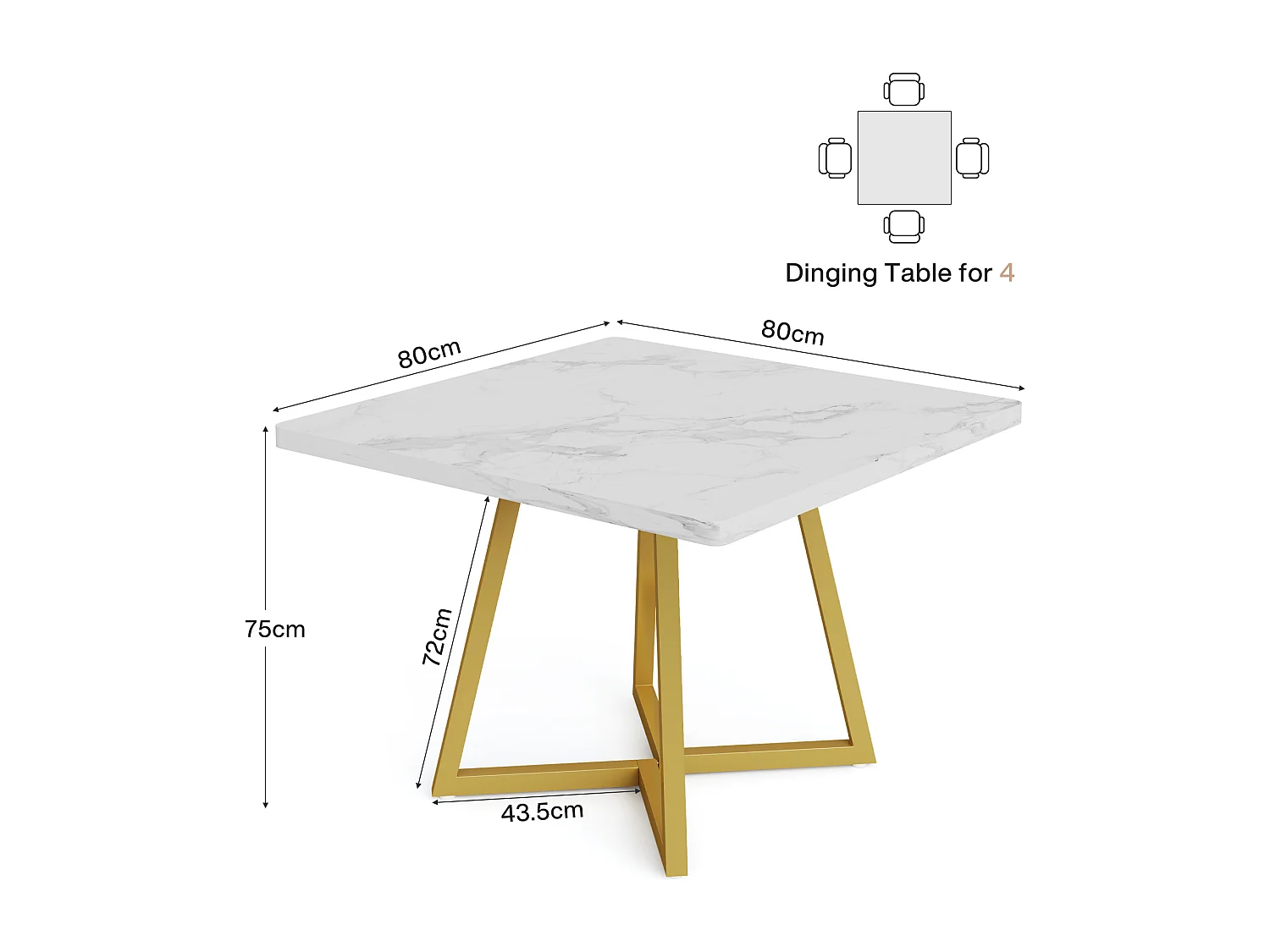 Table à manger pour 4 personnes, style moderne, structure en métal robuste, 80 x 80 x 75 cm, table de cuisine pour salle à manger (blanc et or)