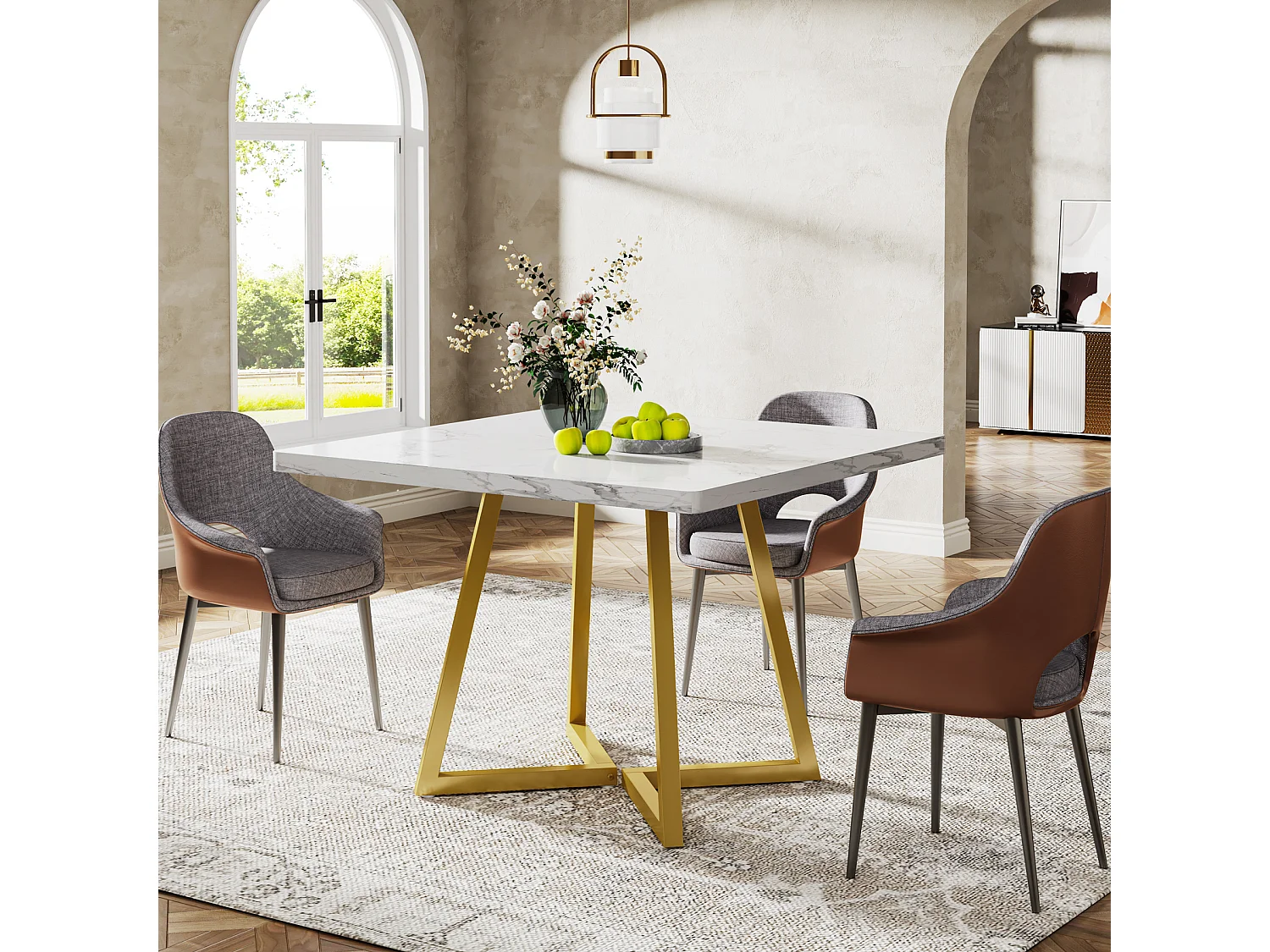 Table à manger pour 4 personnes, style moderne, structure en métal robuste, 80 x 80 x 75 cm, table de cuisine pour salle à manger (blanc et or)