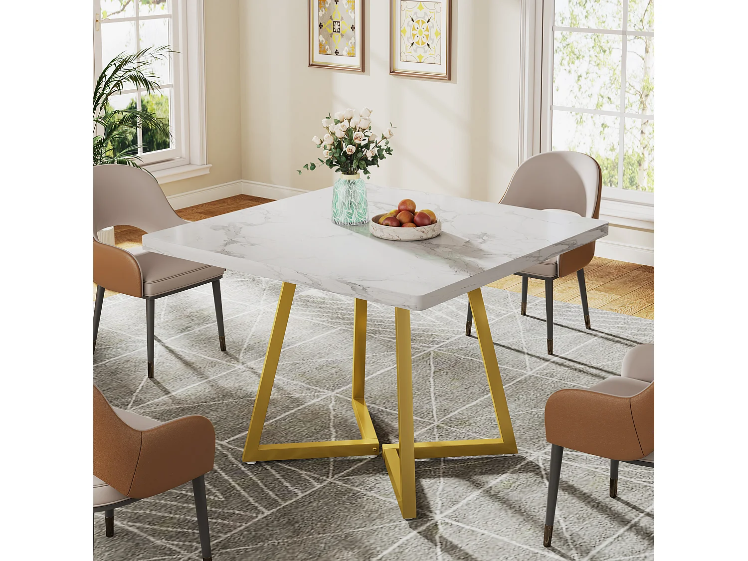 Table à manger pour 4 personnes, style moderne, structure en métal robuste, 80 x 80 x 75 cm, table de cuisine pour salle à manger (blanc et or)