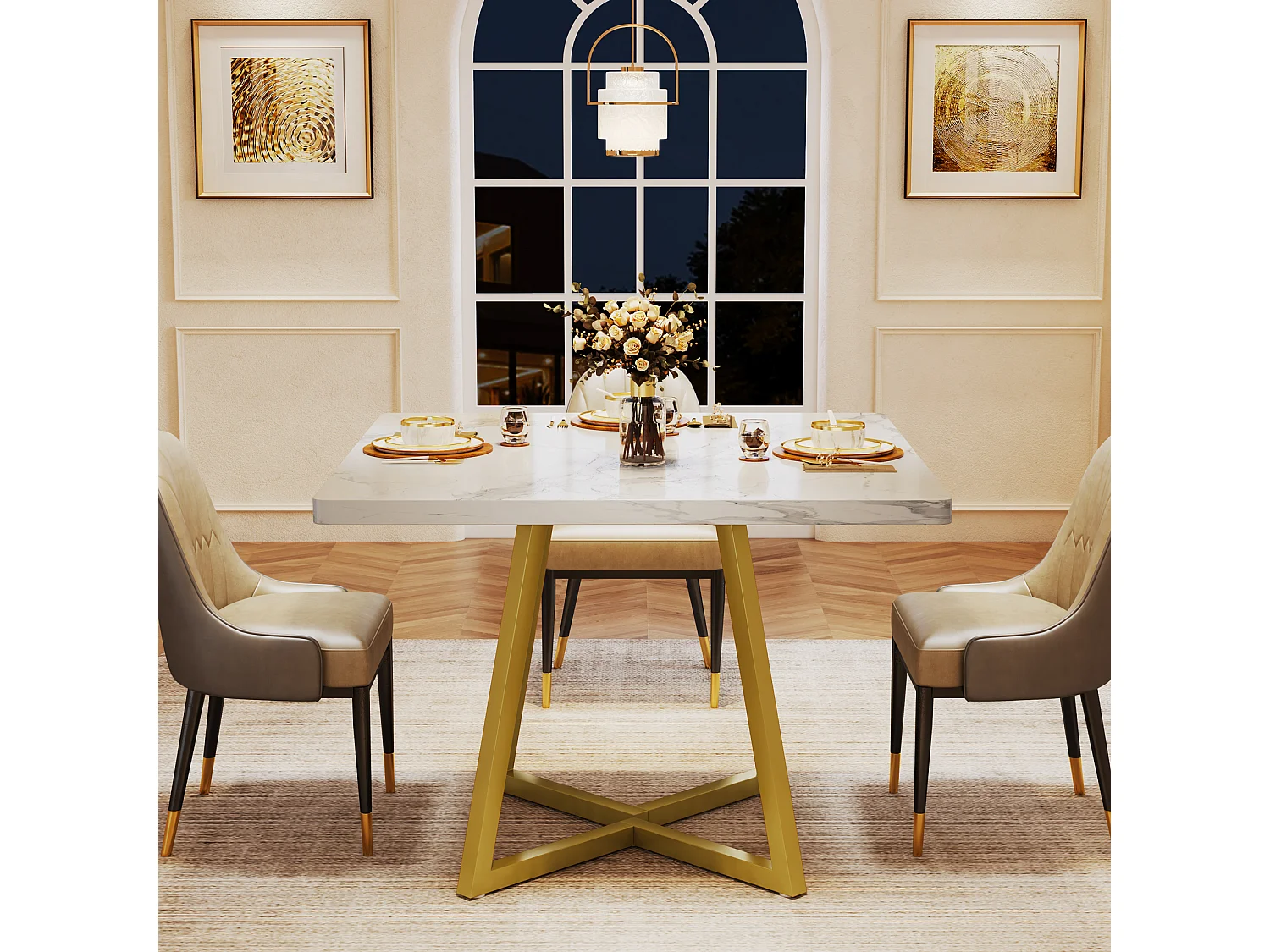 Table à manger pour 4 personnes, style moderne, structure en métal robuste, 80 x 80 x 75 cm, table de cuisine pour salle à manger (blanc et or)