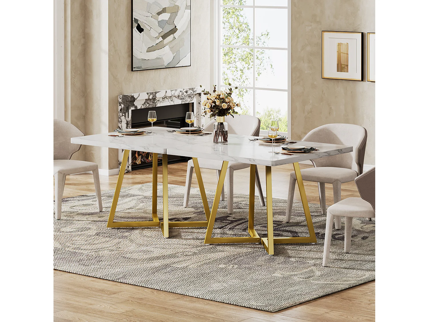 Table à manger pour 4 personnes, style moderne, structure en métal robuste, 80 x 80 x 75 cm, table de cuisine pour salle à manger (blanc et or)