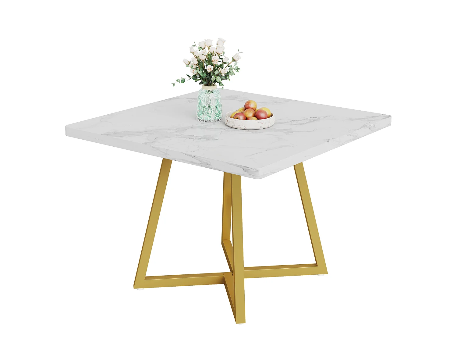 Table à manger pour 4 personnes, style moderne, structure en métal robuste, 80 x 80 x 75 cm, table de cuisine pour salle à manger (blanc et or)