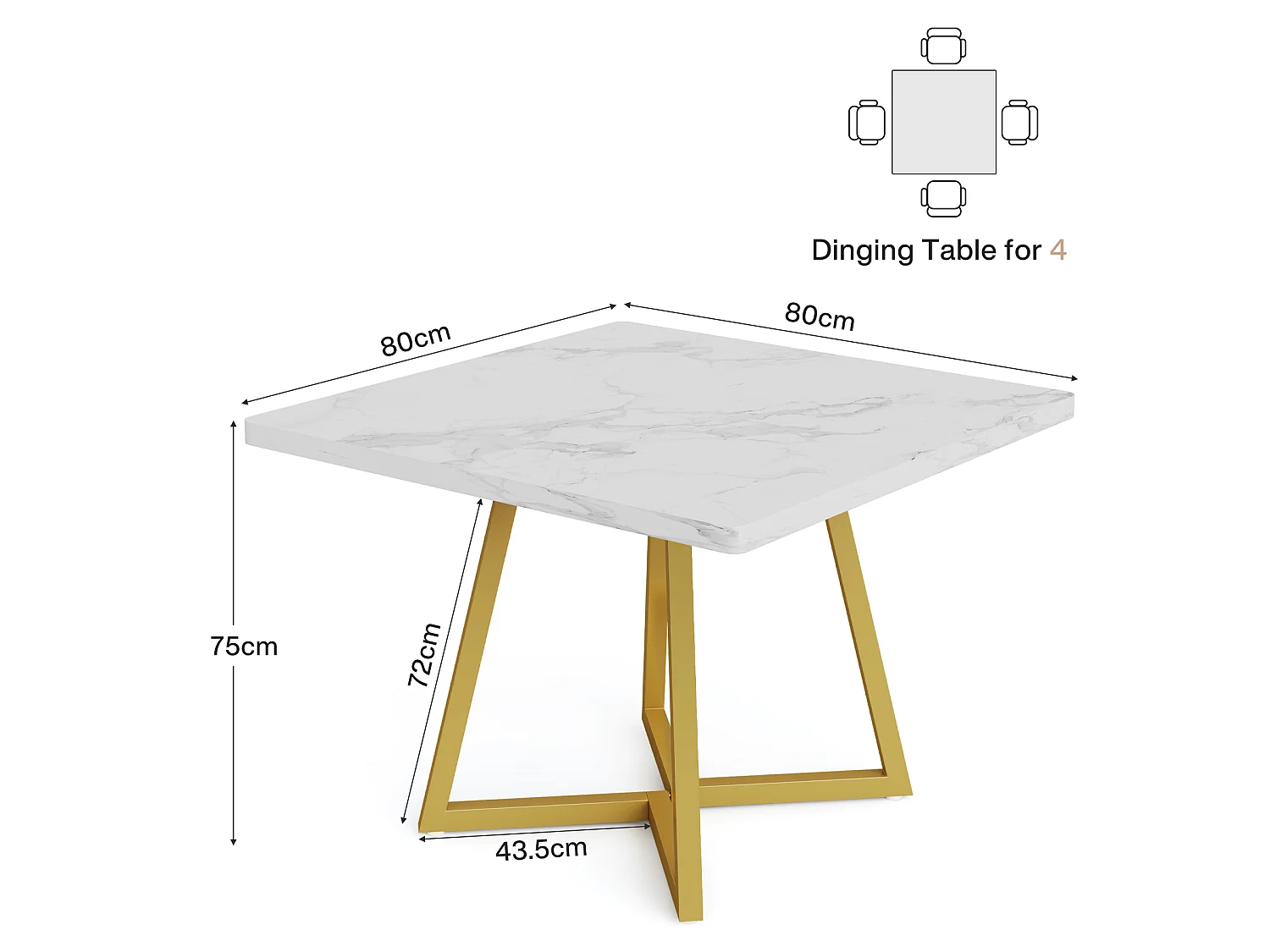 Table à manger pour 4 personnes, style moderne, structure en métal robuste, 80 x 80 x 75 cm, table de cuisine pour salle à manger (blanc et or)