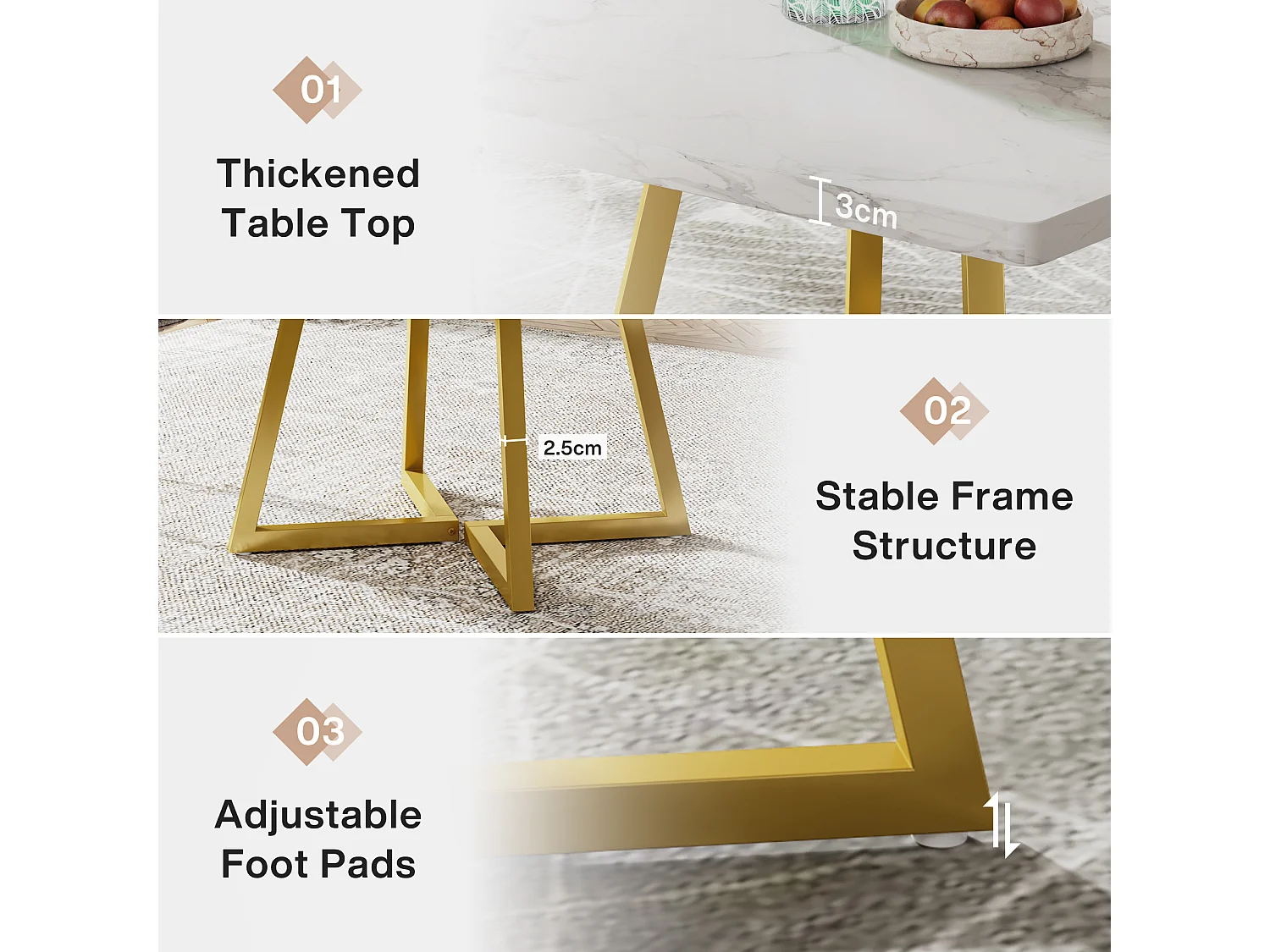 Table à manger pour 4 personnes, style moderne, structure en métal robuste, 80 x 80 x 75 cm, table de cuisine pour salle à manger (blanc et or)