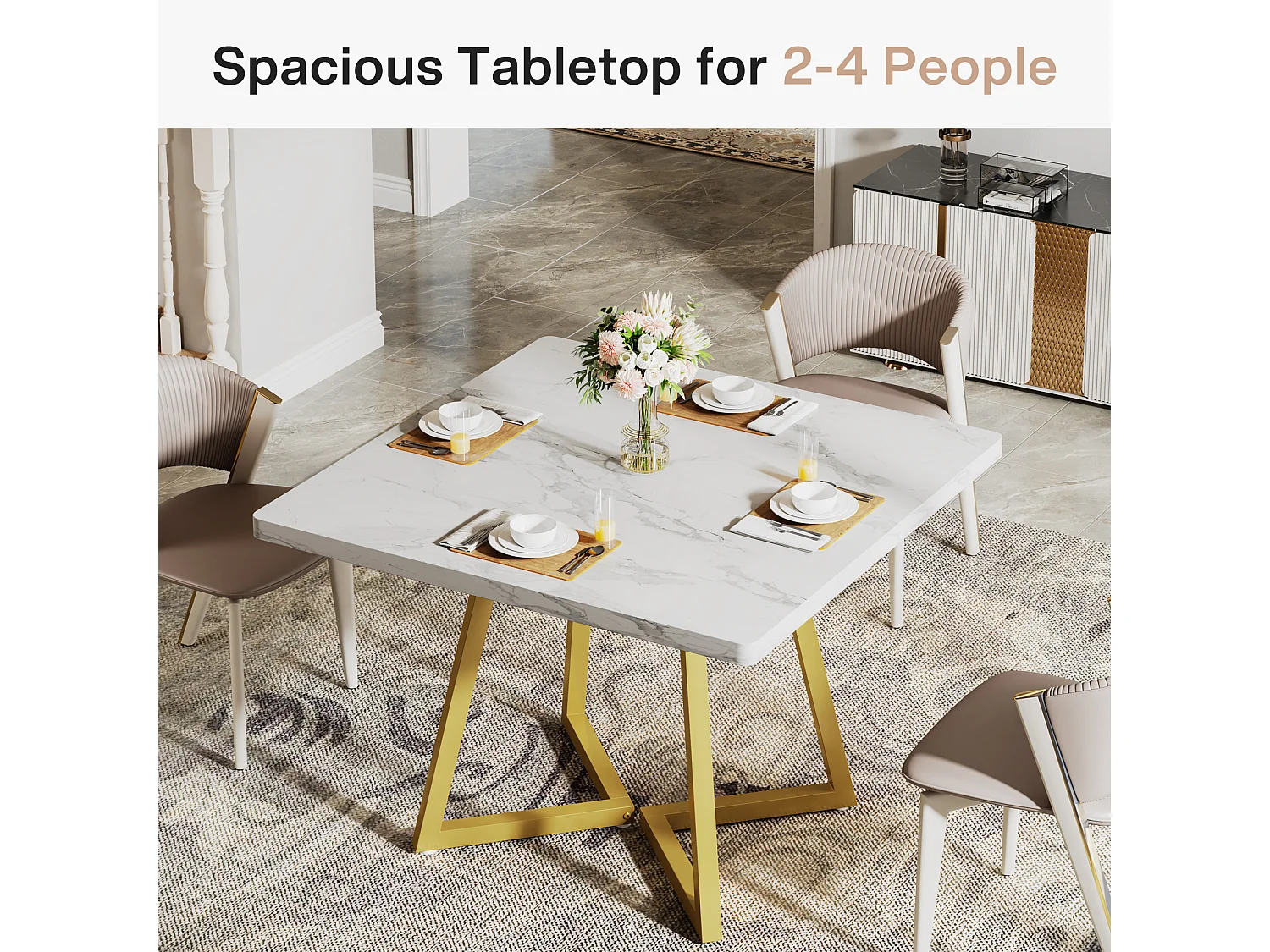 Table à manger pour 4 personnes, style moderne, structure en métal robuste, 80 x 80 x 75 cm, table de cuisine pour salle à manger (blanc et or)