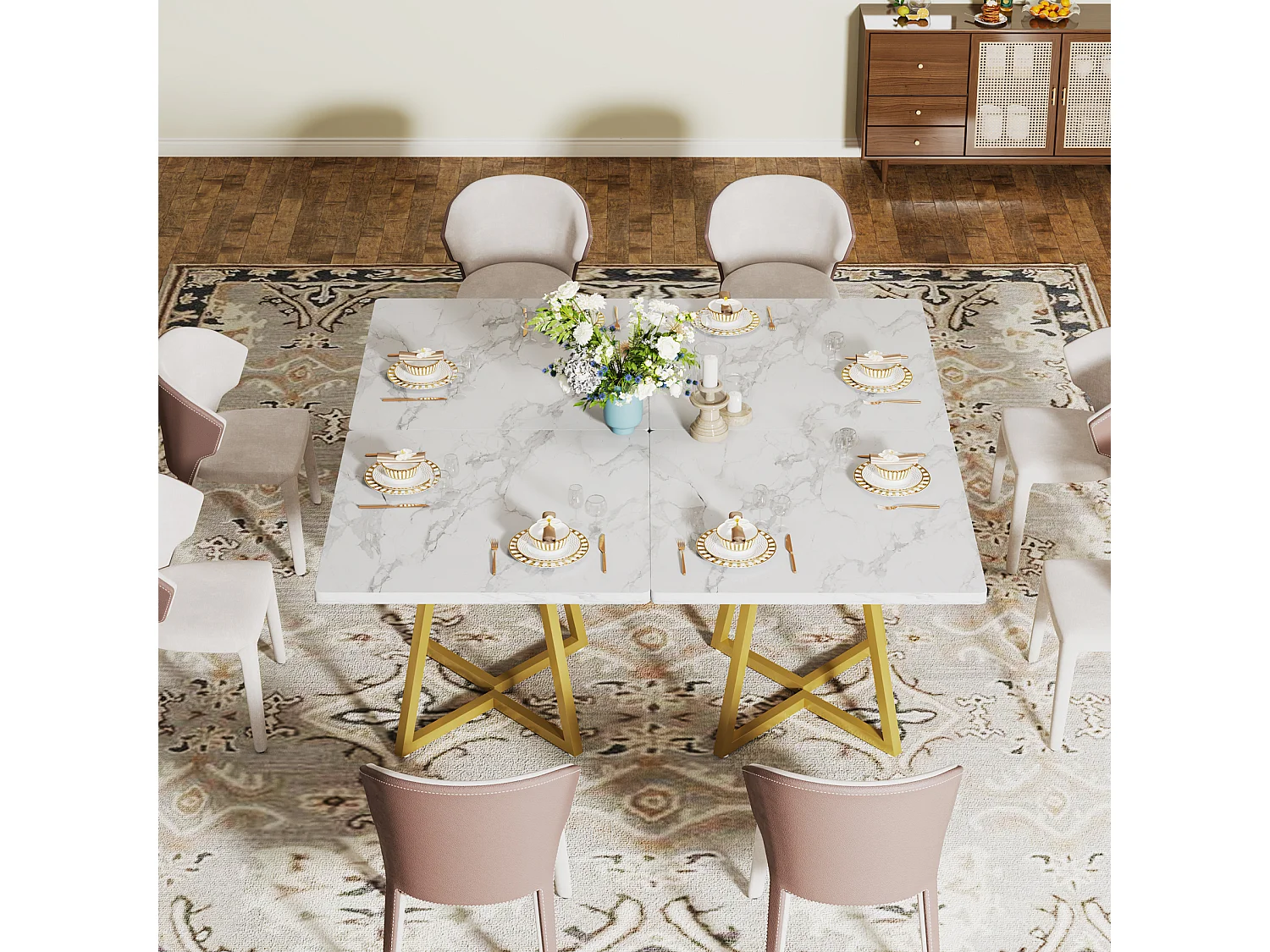 Table à manger pour 4 personnes, style moderne, structure en métal robuste, 80 x 80 x 75 cm, table de cuisine pour salle à manger (blanc et or)