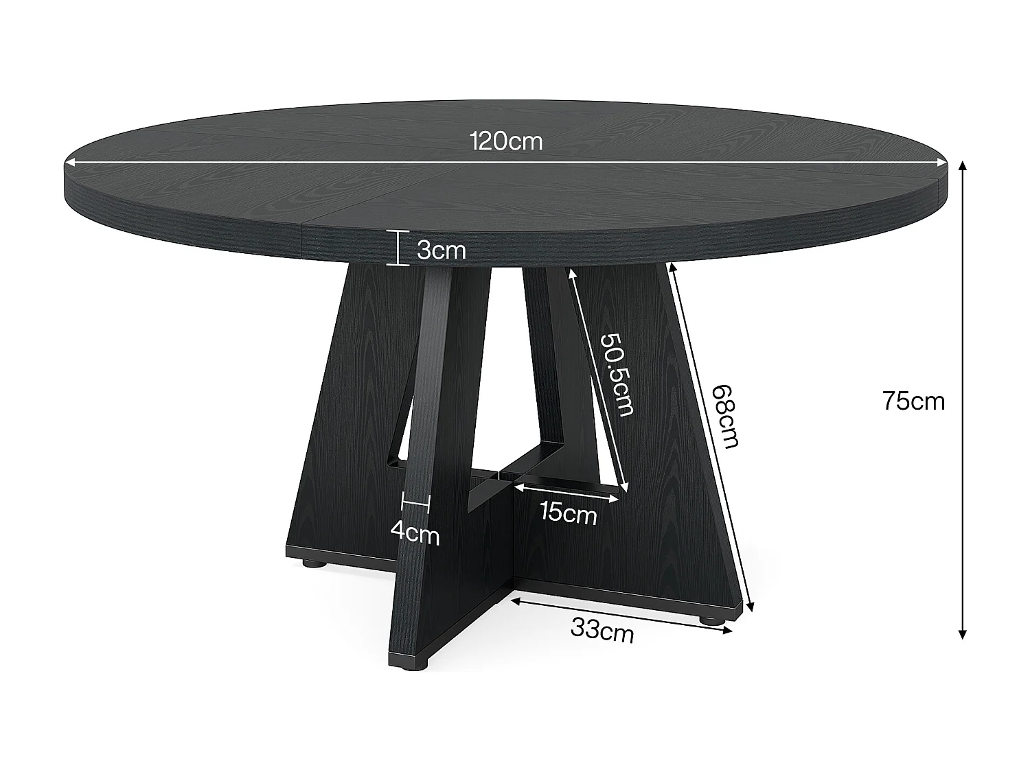 Table à manger de style campagnard, table ronde de 120 cm pour 4 personnes, table de salle à manger noire