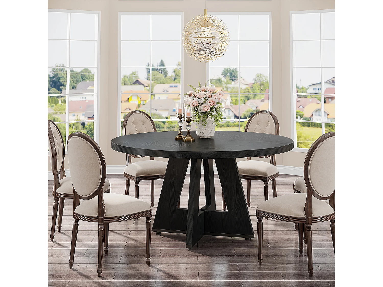 Table à manger de style campagnard, table ronde de 120 cm pour 4 personnes, table de salle à manger noire