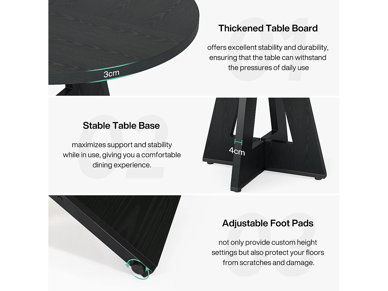Table à manger de style campagnard, table ronde de 120 cm pour 4 personnes, table de salle à manger noire