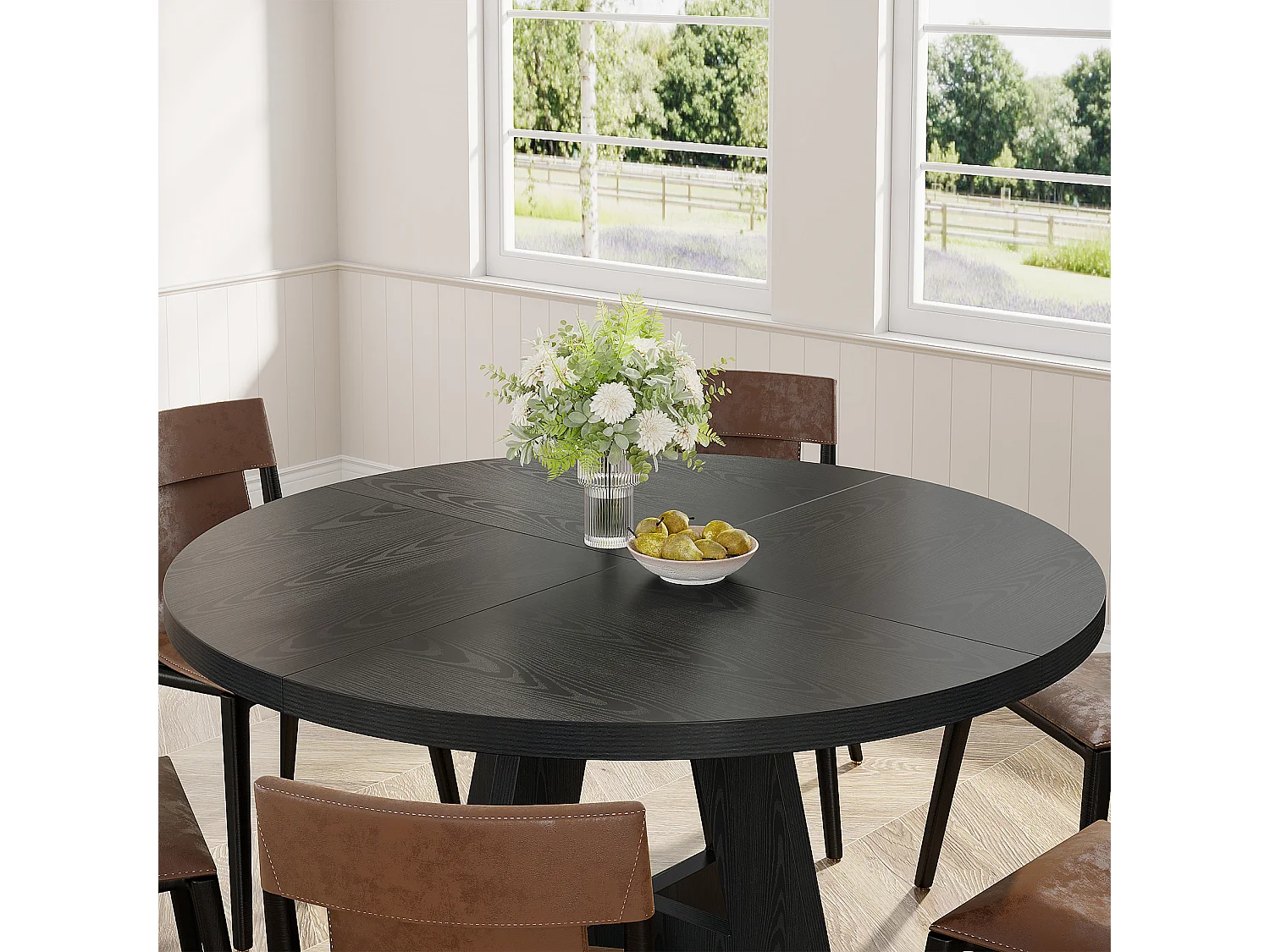 Table à manger de style campagnard, table ronde de 120 cm pour 4 personnes, table de salle à manger noire